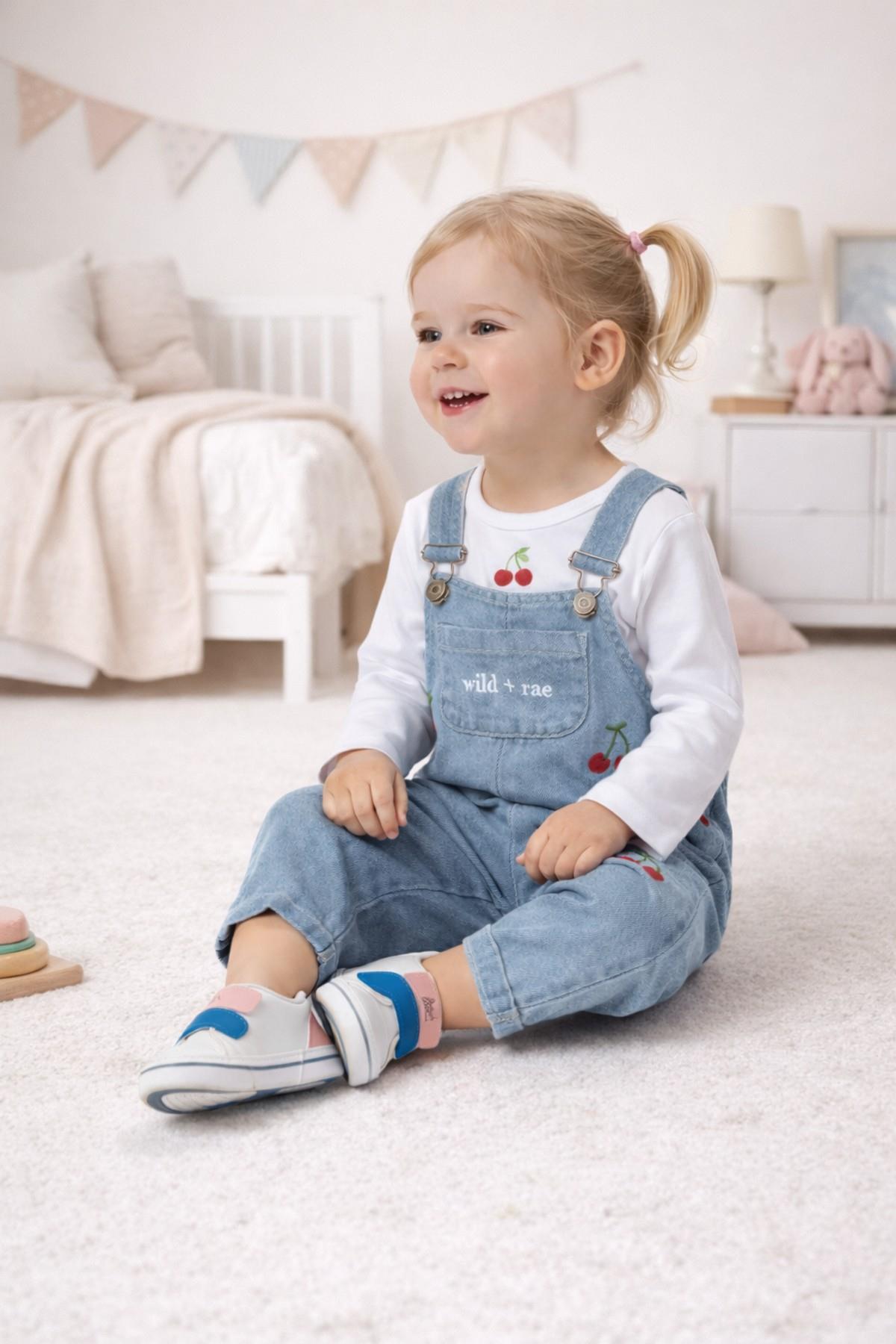 Kız Bebek Çilekli/Kirazlı Nakışlı Uzun Kollu Badili Esnek Kot Salopet 2li Takım Bayramlık 6-9-12-18-24aylık