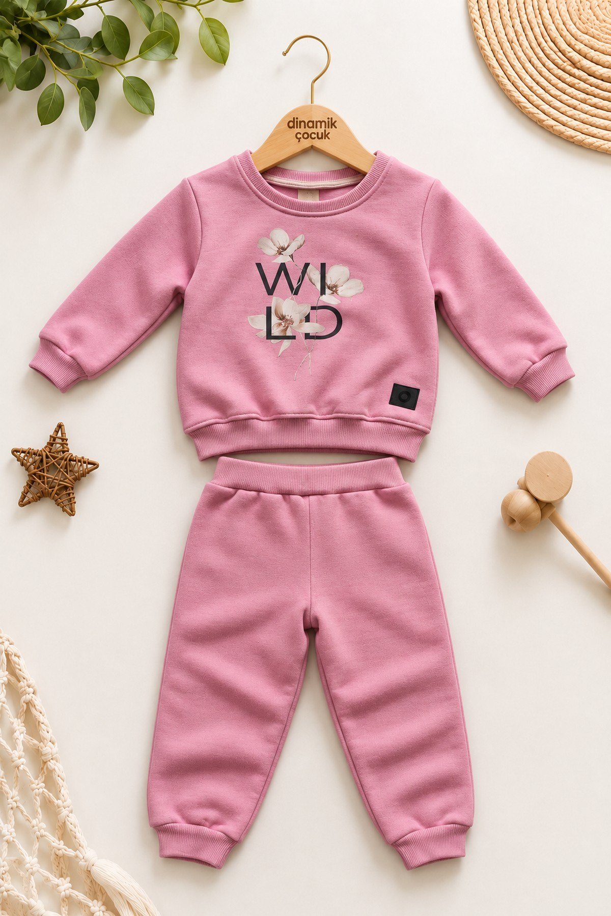 Kız Bebek Çocuk Çiçek Baskılı Şardonlu Bisiklet Yaka Sweatshirt ve Eşofman Altı 2'li Takım 2-5yaş