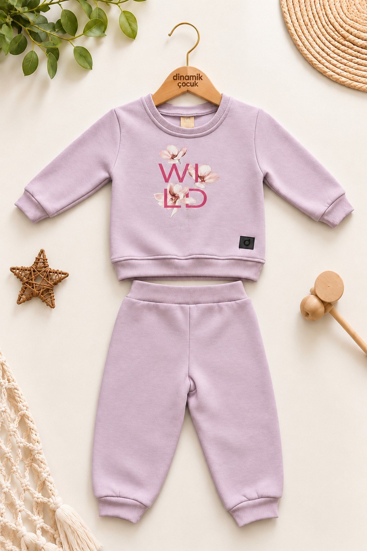Kız Bebek Çocuk Çiçek Baskılı Şardonlu Bisiklet Yaka Sweatshirt ve Eşofman Altı 2'li Takım 2-5yaş