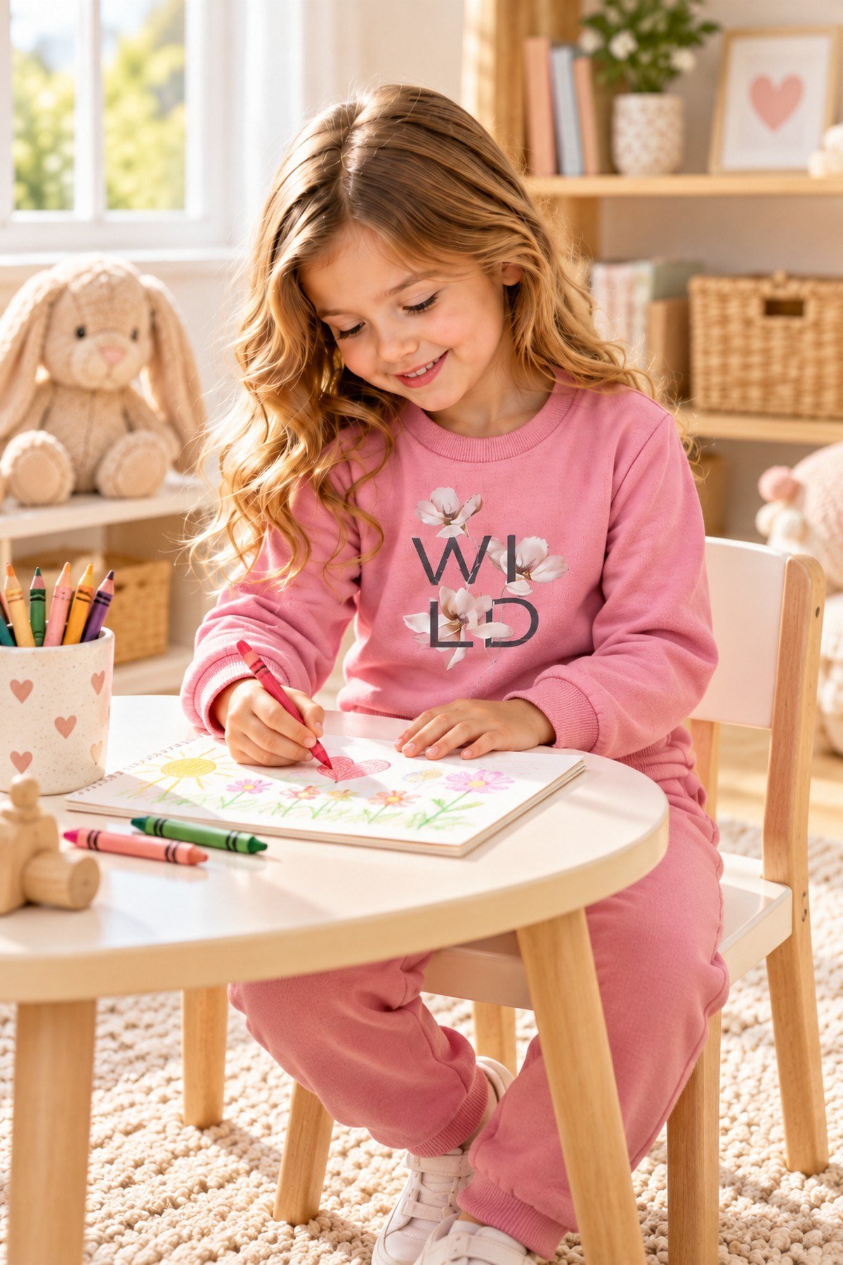 Kız Bebek Çocuk Çiçek Baskılı Şardonlu Bisiklet Yaka Sweatshirt ve Eşofman Altı 2'li Takım 2-5yaş
