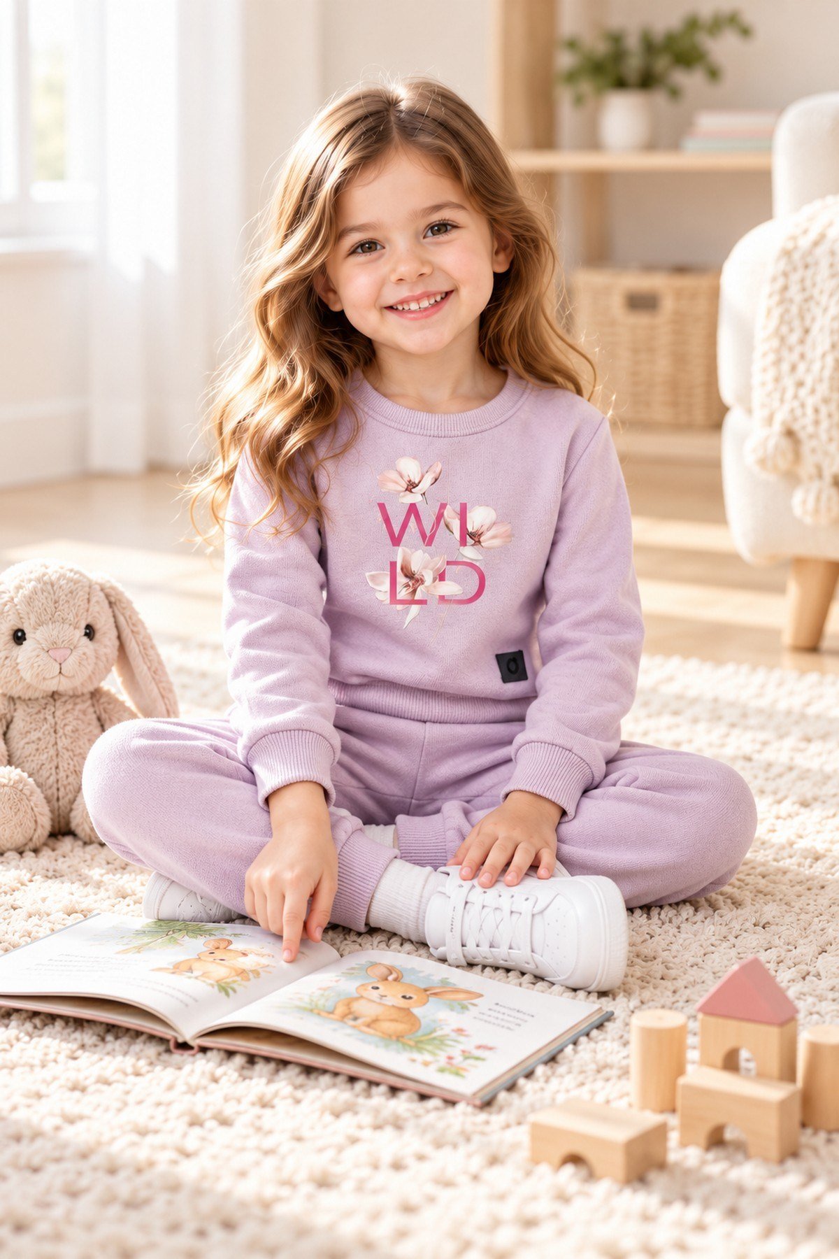 Kız Bebek Çocuk Çiçek Baskılı Şardonlu Bisiklet Yaka Sweatshirt ve Eşofman Altı 2'li Takım 2-5yaş