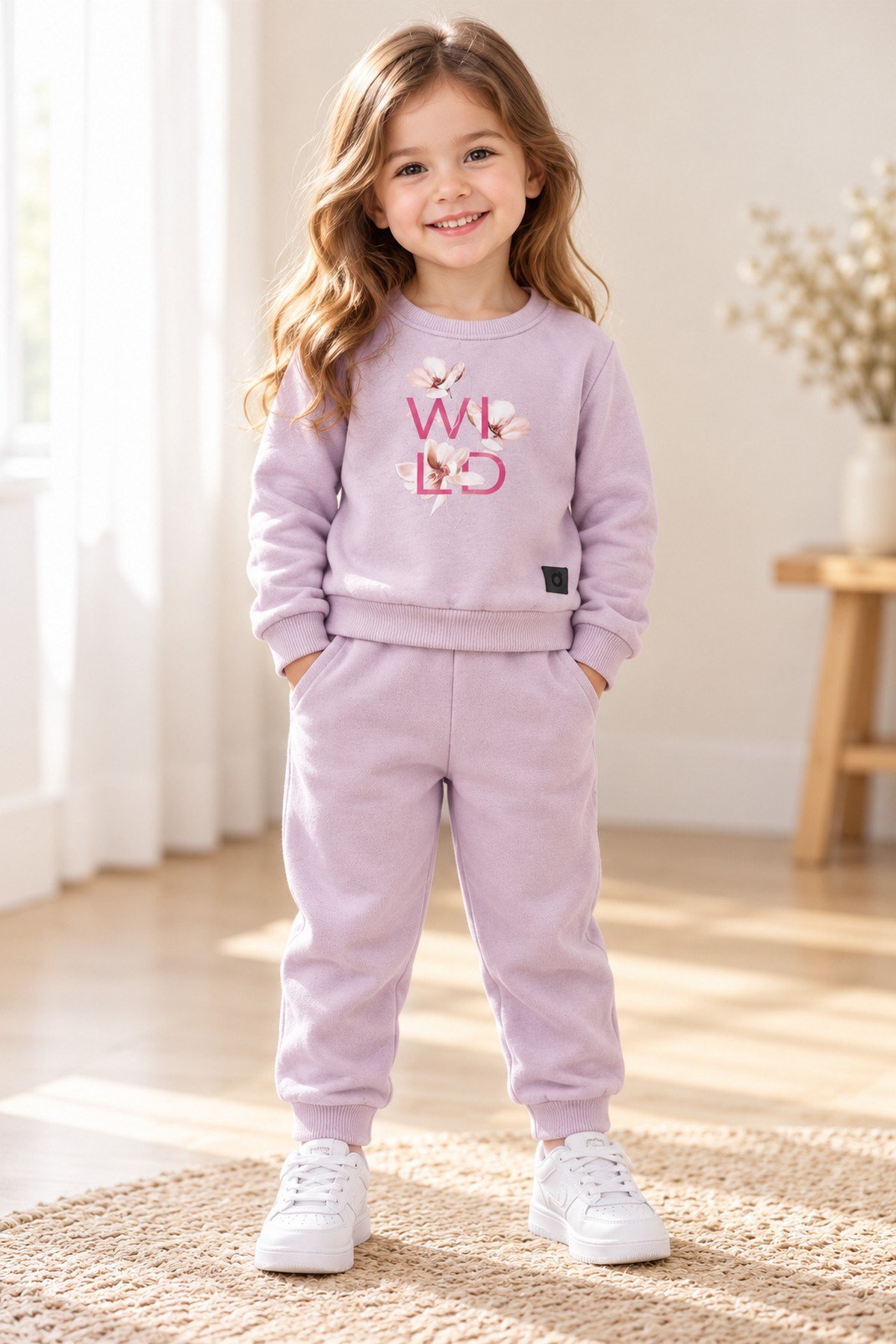 Kız Bebek Çocuk Çiçek Baskılı Şardonlu Bisiklet Yaka Sweatshirt ve Eşofman Altı 2'li Takım 2-5yaş