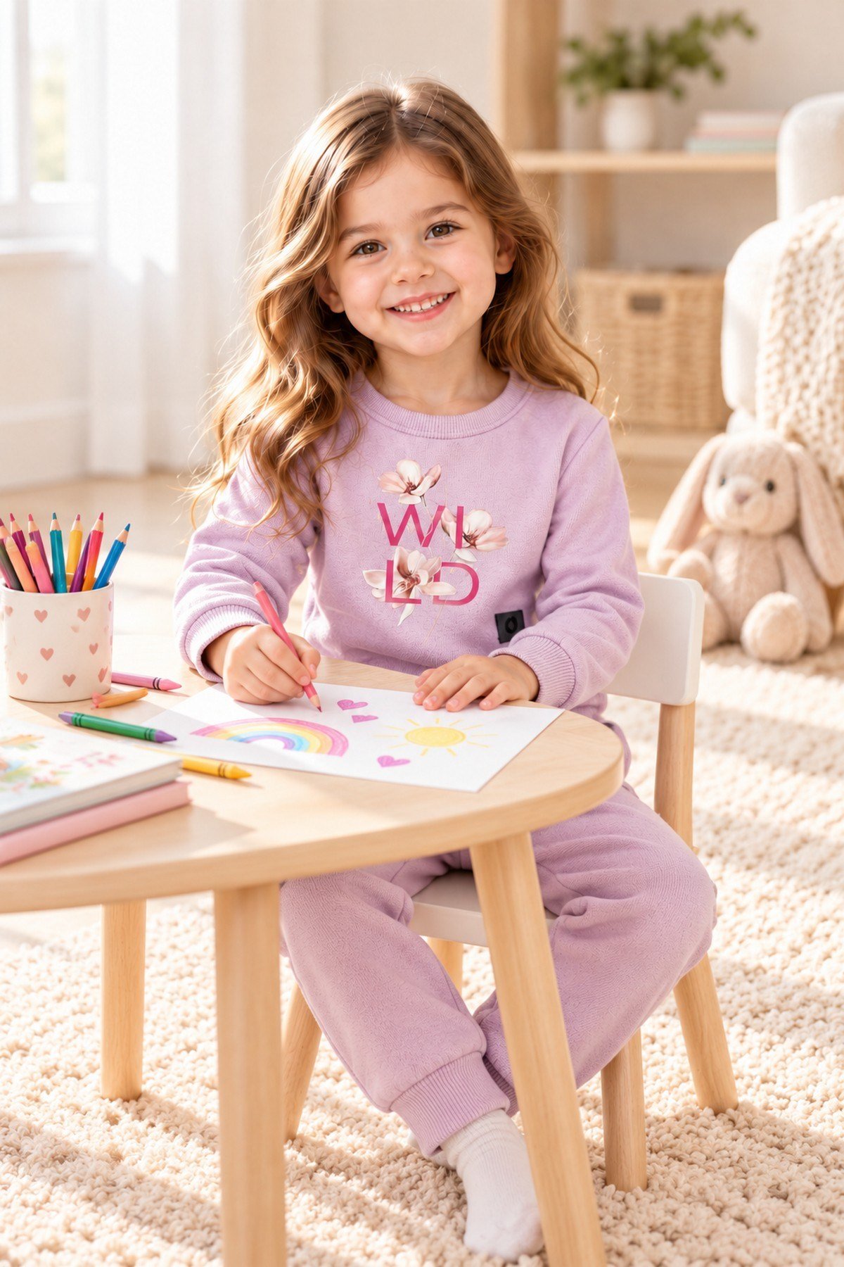 Kız Bebek Çocuk Çiçek Baskılı Şardonlu Bisiklet Yaka Sweatshirt ve Eşofman Altı 2'li Takım 2-5yaş