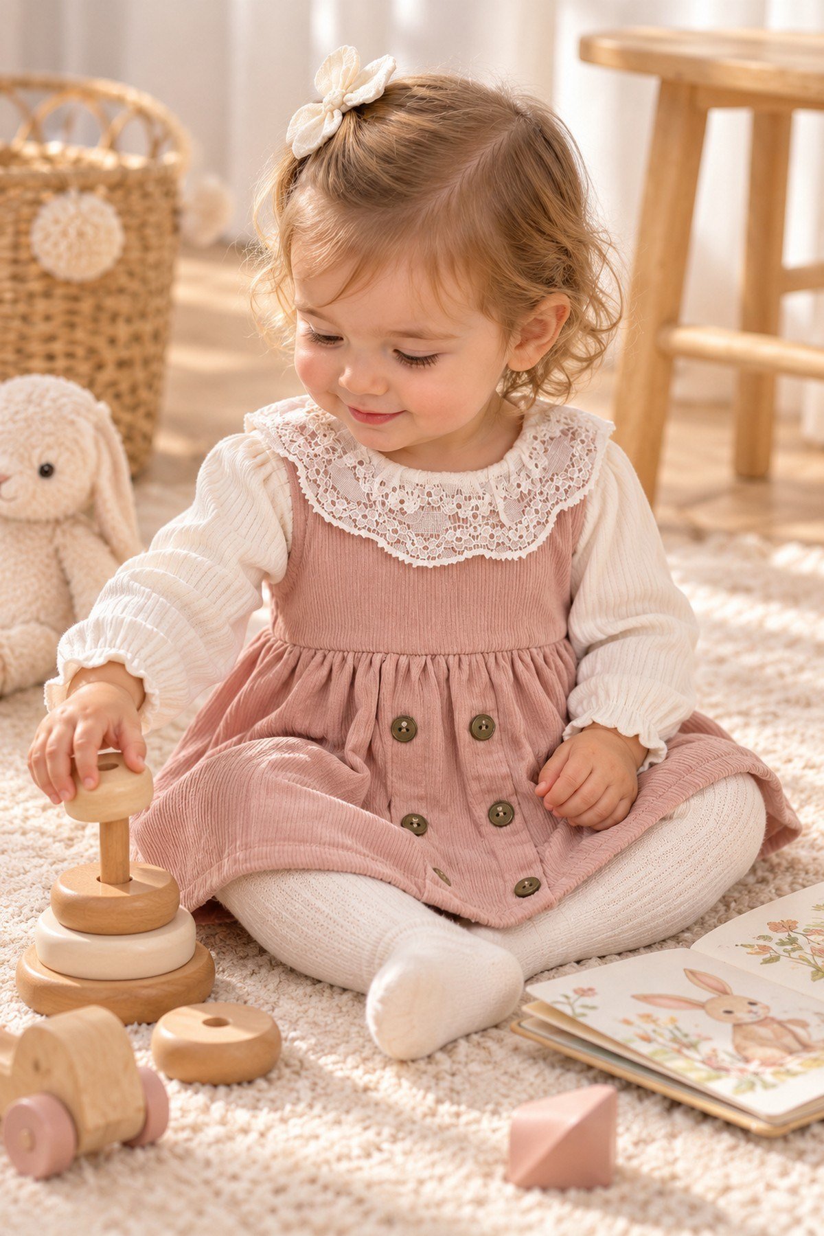 Kız Bebek Dantel Yakalı Fitilli Kadife Uzun Kollu Düğme Detaylı Mevsimlik Elbise 3-6-9-12-18ay