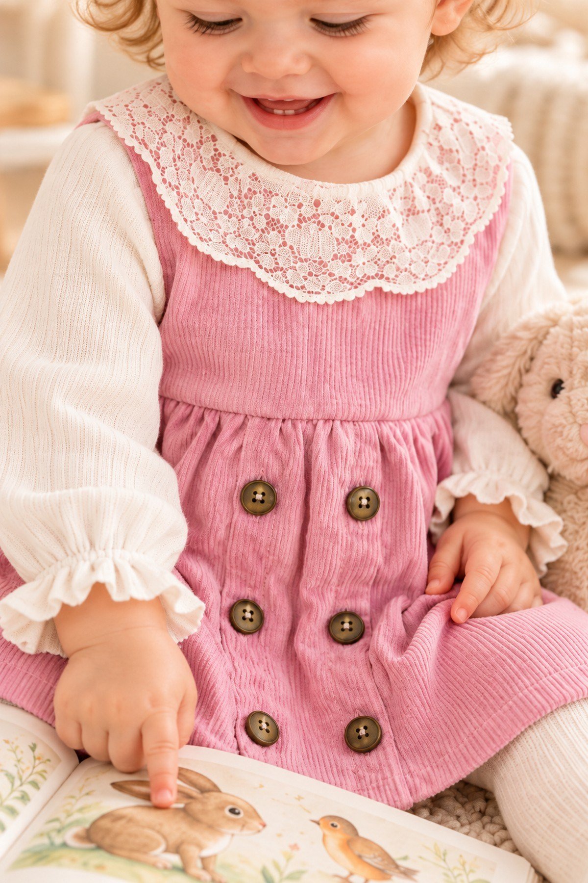Kız Bebek Dantel Yakalı Fitilli Kadife Uzun Kollu Düğme Detaylı Mevsimlik Elbise 3-6-9-12-18ay