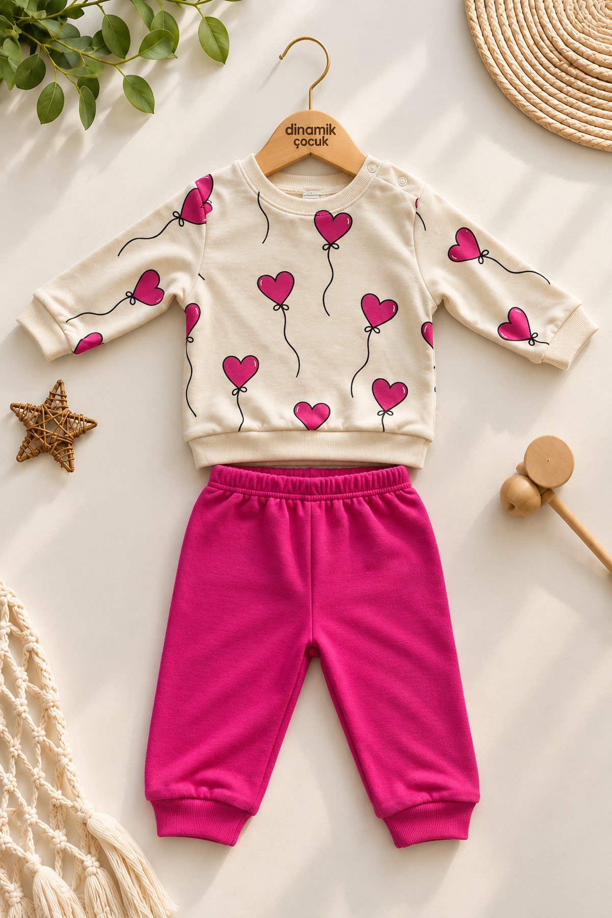 Kız Bebek Kalp Balon Desenli Sweatshirt ve Eşofman Altı 2'li Takım 3-12ay