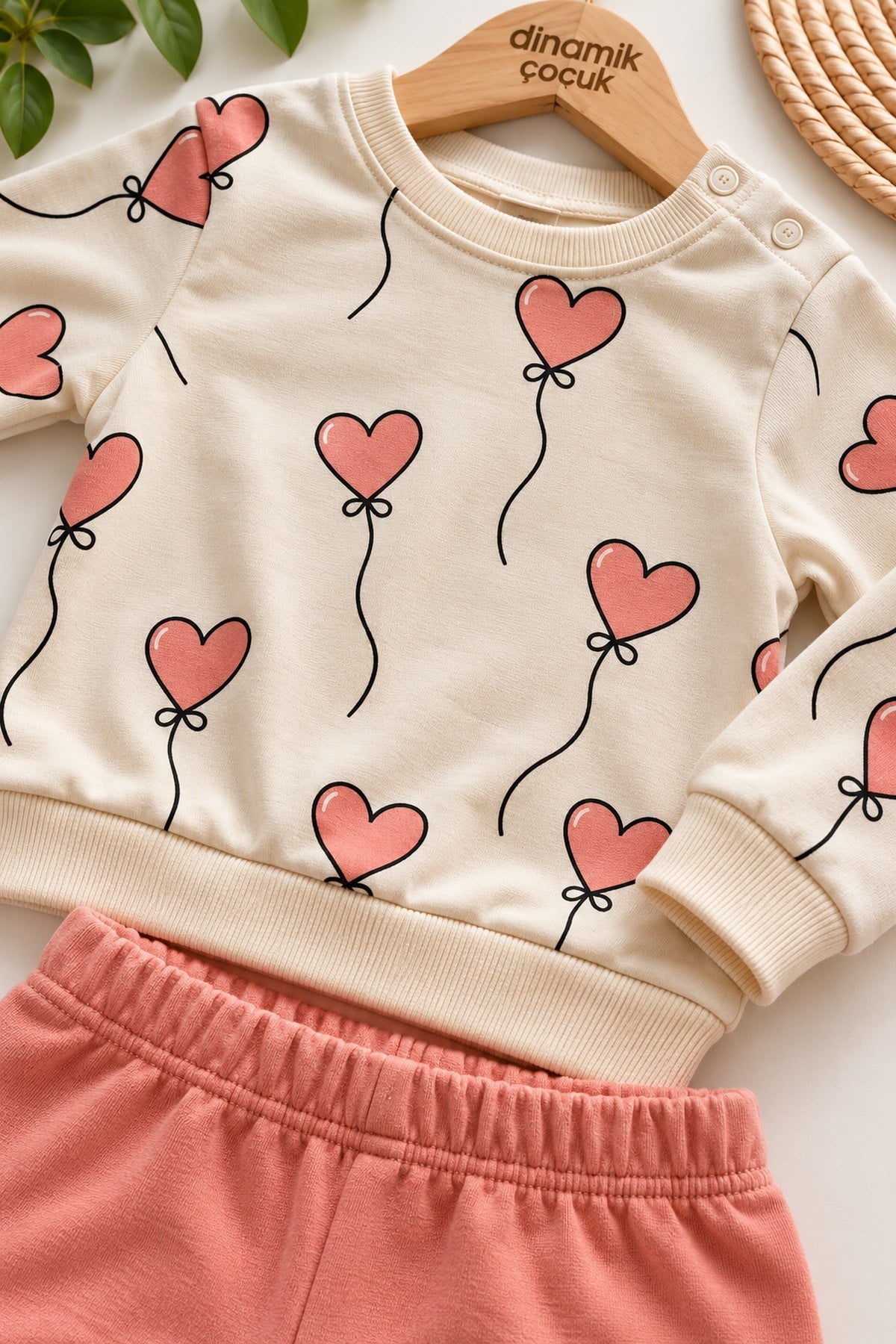 Kız Bebek Kalp Balon Desenli Sweatshirt ve Eşofman Altı 2'li Takım 3-12ay