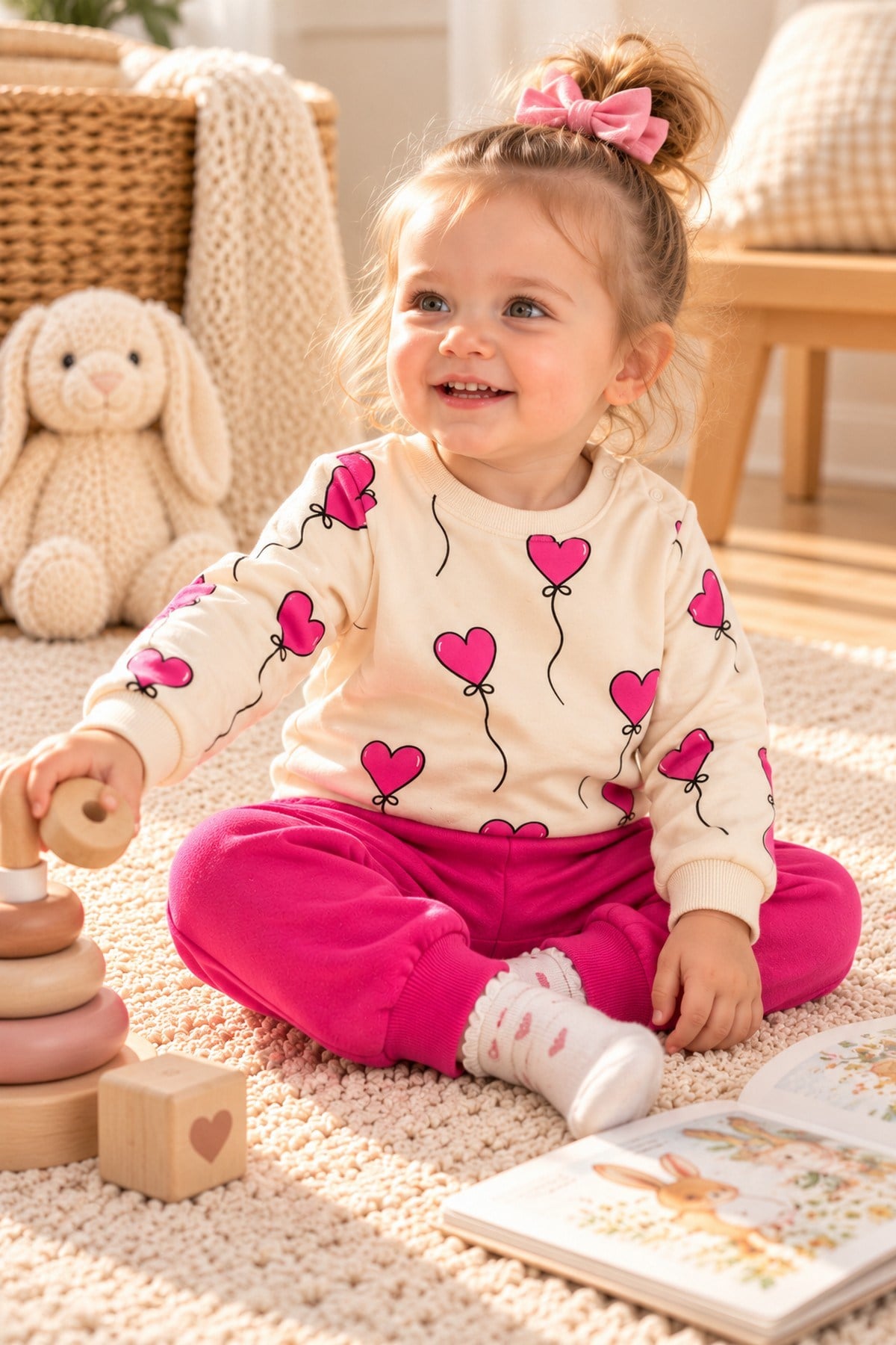 Kız Bebek Kalp Balon Desenli Sweatshirt ve Eşofman Altı 2'li Takım 3-12ay
