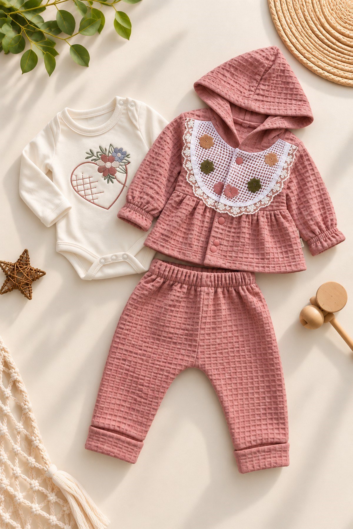 Kız Bebek Kapüşonlu Waffle 3'lü Takım Çiçek Detaylı Hırka Badili Alt Üst Set 0-12aylık
