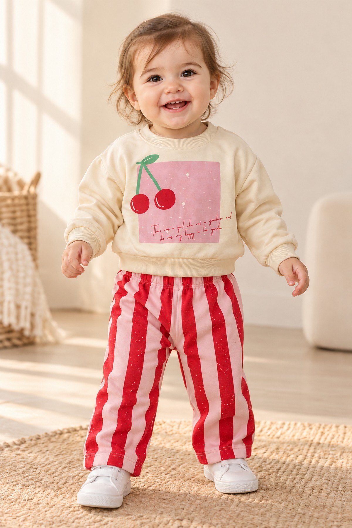 Kız Bebek Kiraz Baskılı Sweatshirt Pembe Kırmızı Çizgili Eşofmanlı 2'li Alt Üst Takım 9-24ay