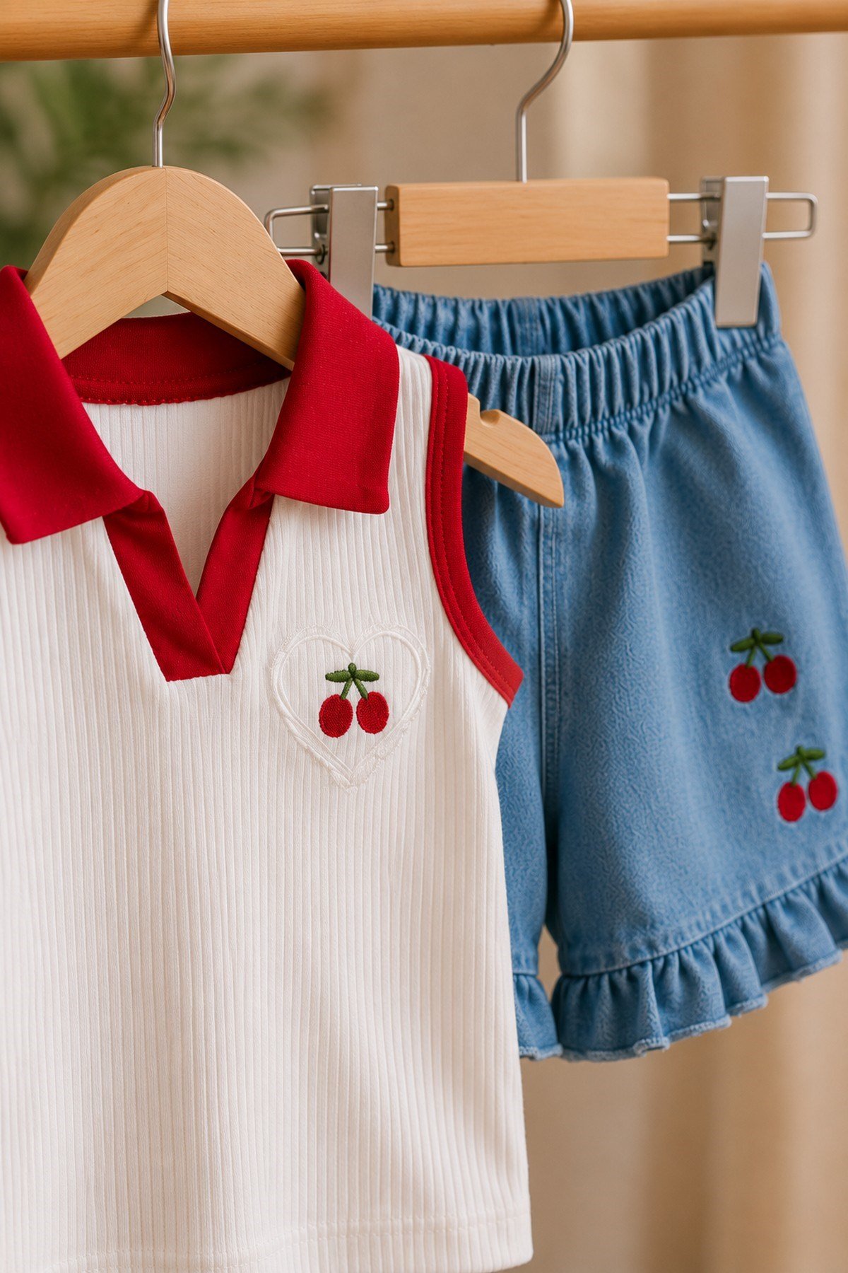 Kız Bebek Kiraz Nakışlı Polo Yaka Şortlu 2'li Takım – Yazlık Ribanalı Bluzlu Kot Görünümlü Fırfırlı Şort Takım 6-24 Ay %100pamuk