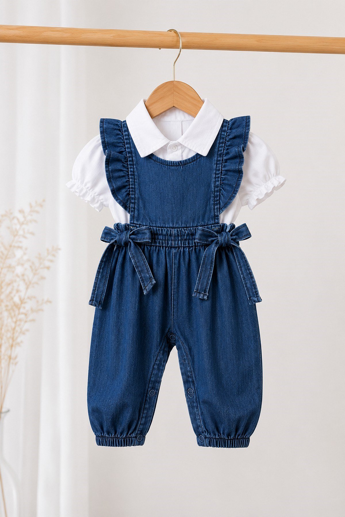 Kız Bebek Kot Salopet Takım Beyaz Yakalı Gömlekli Fırfırlı Jean Tulum 2'li Yazlık Takım 6-24 Aylık