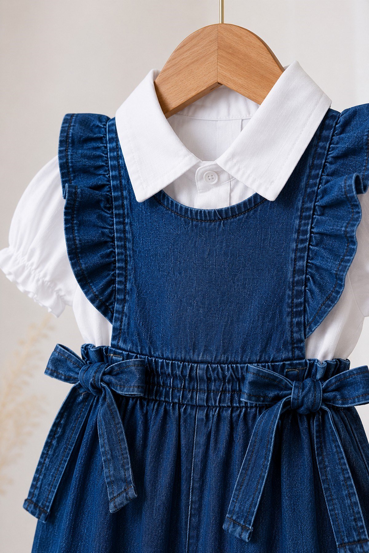 Kız Bebek Kot Salopet Takım Beyaz Yakalı Gömlekli Fırfırlı Jean Tulum 2'li Yazlık Takım 6-24 Aylık
