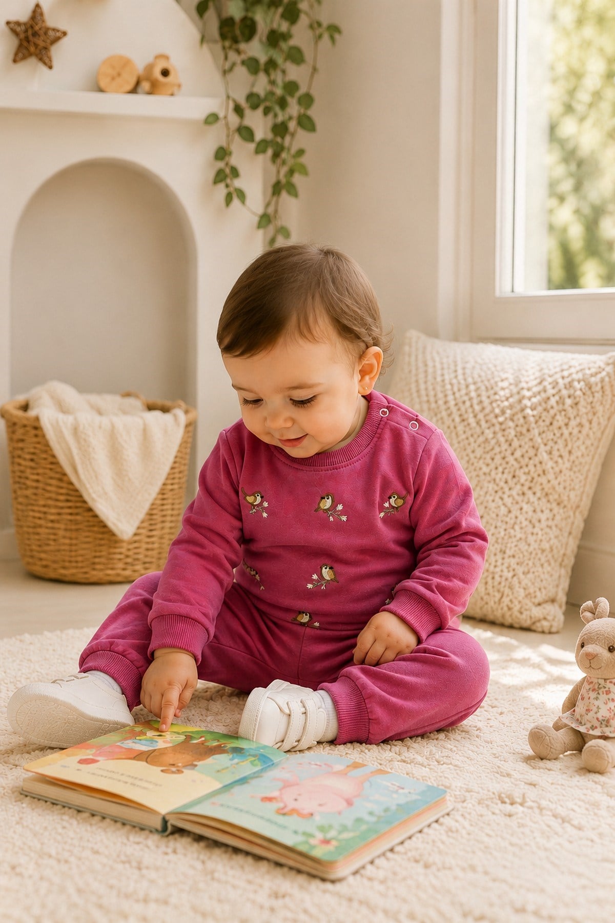 Kız Bebek Kuş Nakışlı Uzun Kollu İnce Mevsimlik Alt Üst 2'li Takım 3-6-9-12aylık