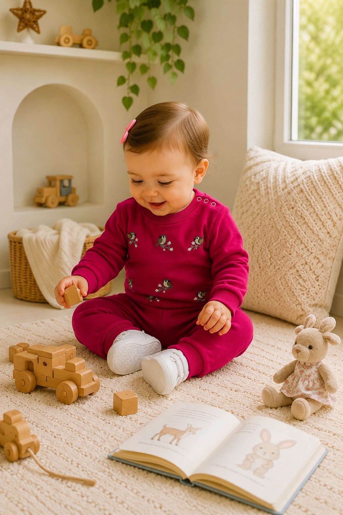 Kız Bebek Kuş Nakışlı Uzun Kollu İnce Mevsimlik Alt Üst 2'li Takım 3-6-9-12aylık