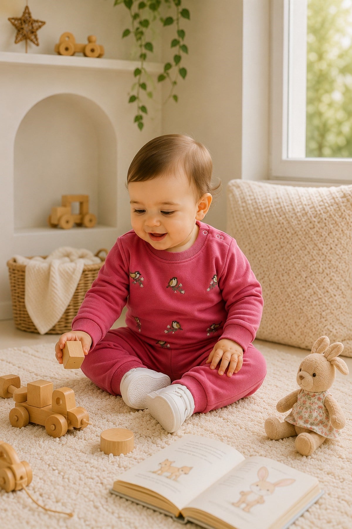 Kız Bebek Kuş Nakışlı Uzun Kollu İnce Mevsimlik Alt Üst 2'li Takım 3-6-9-12aylık