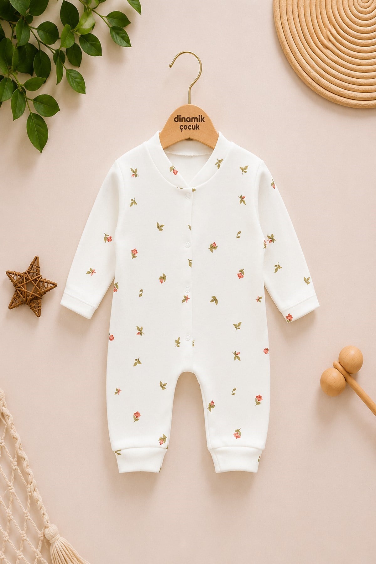 Kız Bebek Lale Baskılı Çıtçıtlı Yenidoğan Bebek Tulumu %100 Pamuk Esnek 1-3-6 Aylık