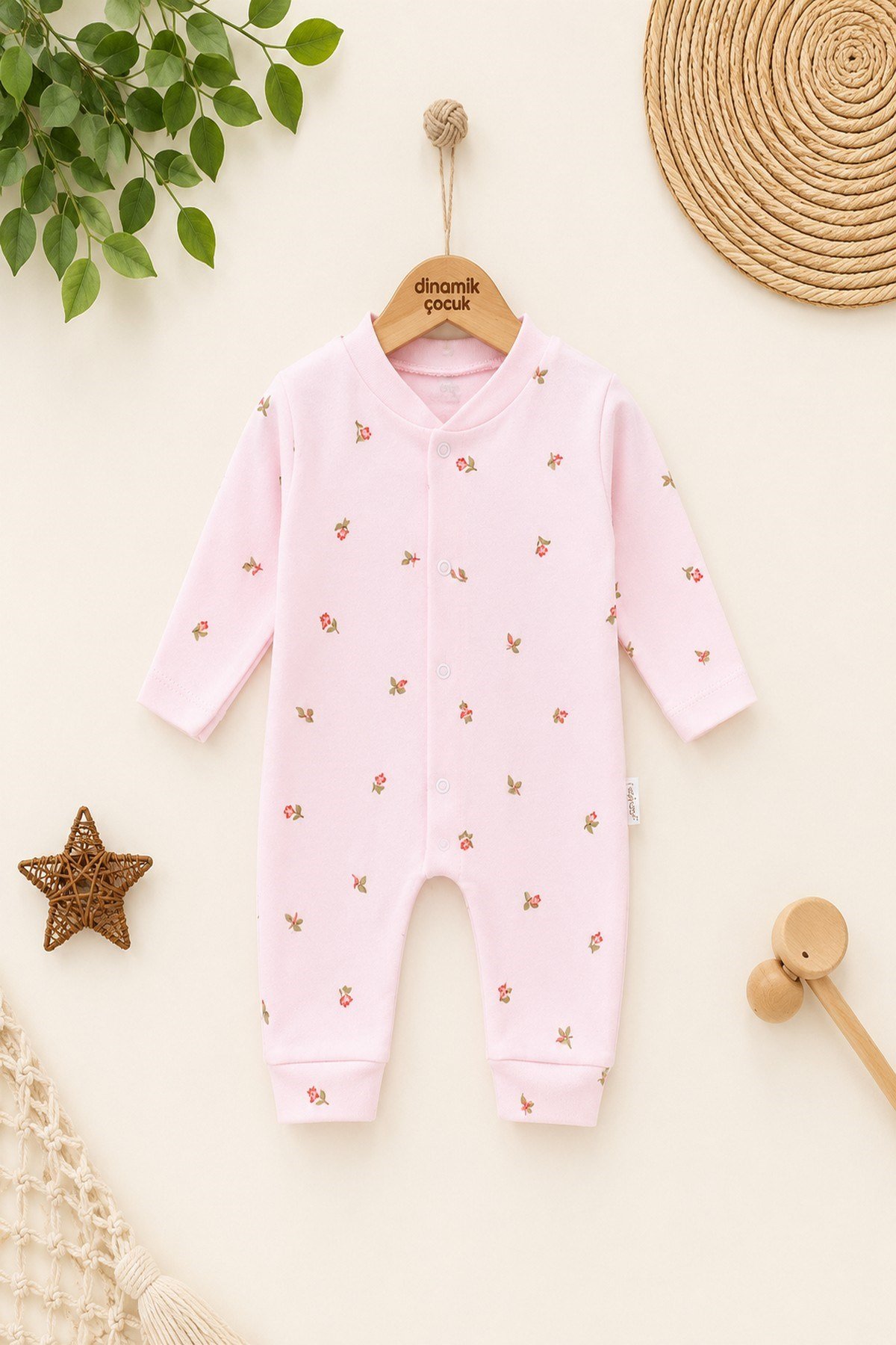 Kız Bebek Lale Baskılı Fitilli Kumaş Çıtçıtlı Yenidoğan Bebek Tulumu %100 Pamuk Esnek 1-3-6 Aylık