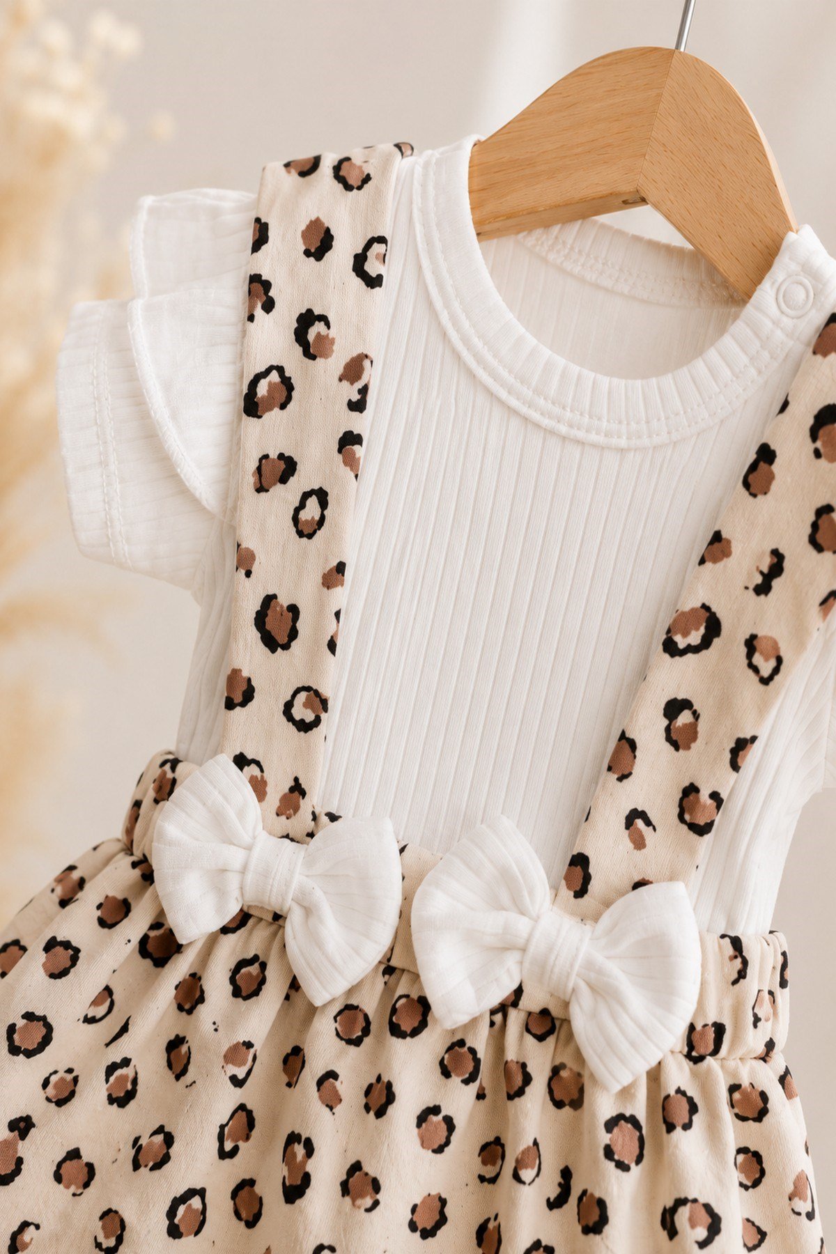 Kız Bebek Leopar Desenli Bandanalı 3lü Takım Kısa Kollu Alttan Çıtçıtlı Body+Ribanalı Salopet Elbise 0-3-6-9-12aylık