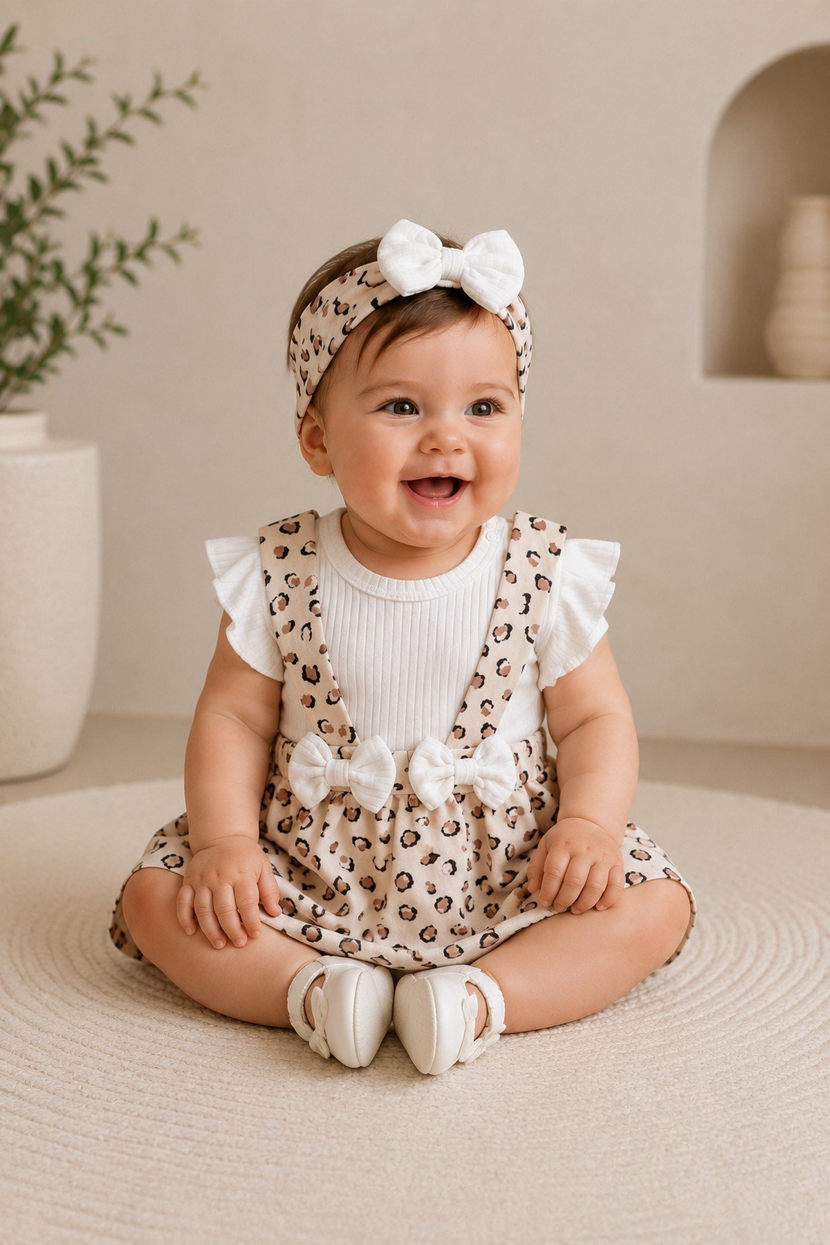 Kız Bebek Leopar Desenli Bandanalı 3lü Takım Kısa Kollu Alttan Çıtçıtlı Body+Ribanalı Salopet Elbise 0-3-6-9-12aylık