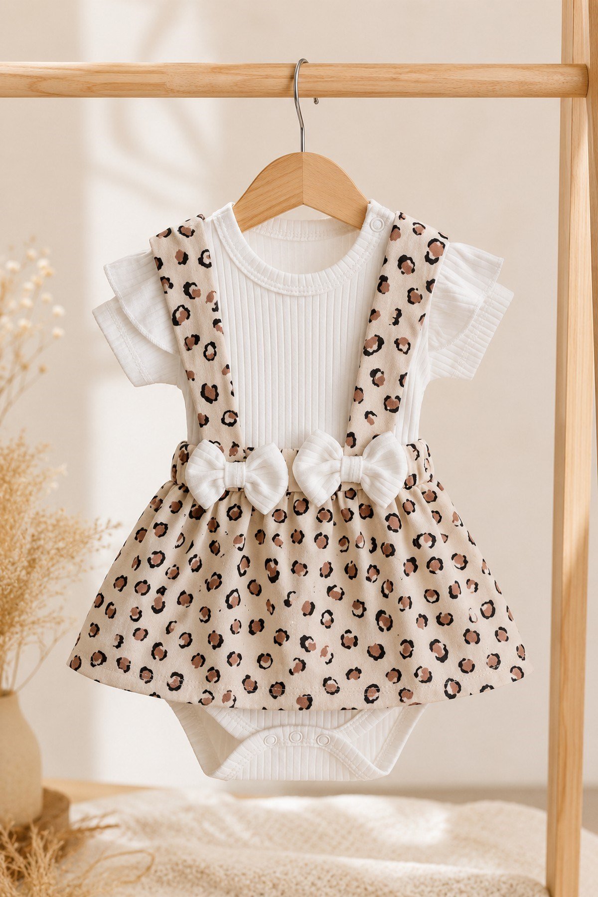 Kız Bebek Leopar Desenli Bandanalı 3lü Takım Kısa Kollu Alttan Çıtçıtlı Body+Ribanalı Salopet Elbise 0-3-6-9-12aylık