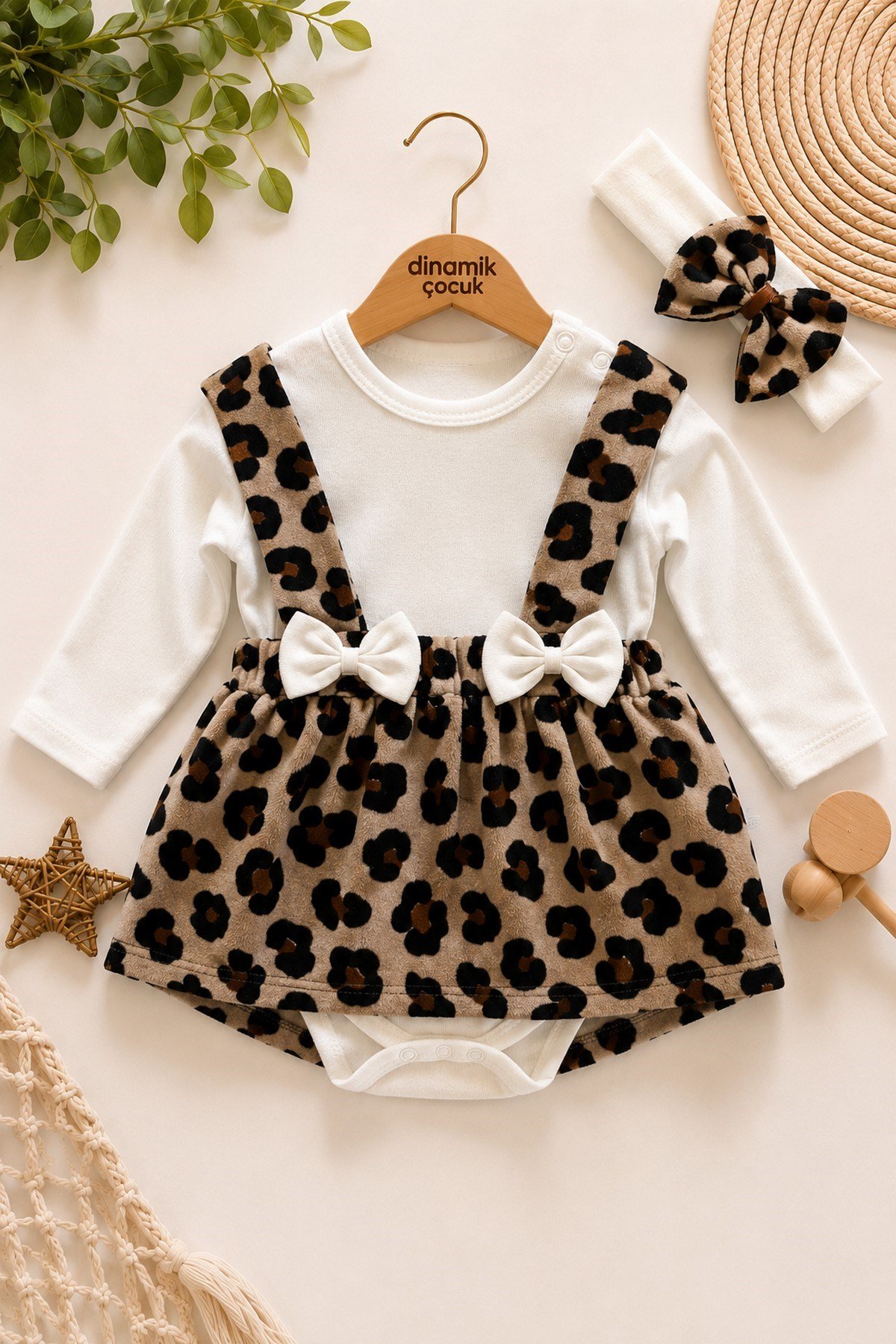 Kız Bebek Leopar Desenli Bandanalı Alttan Çıtçıtlı Badili Askılı Elbise 3lü Takımı 0-3-6-9-12 Ay
