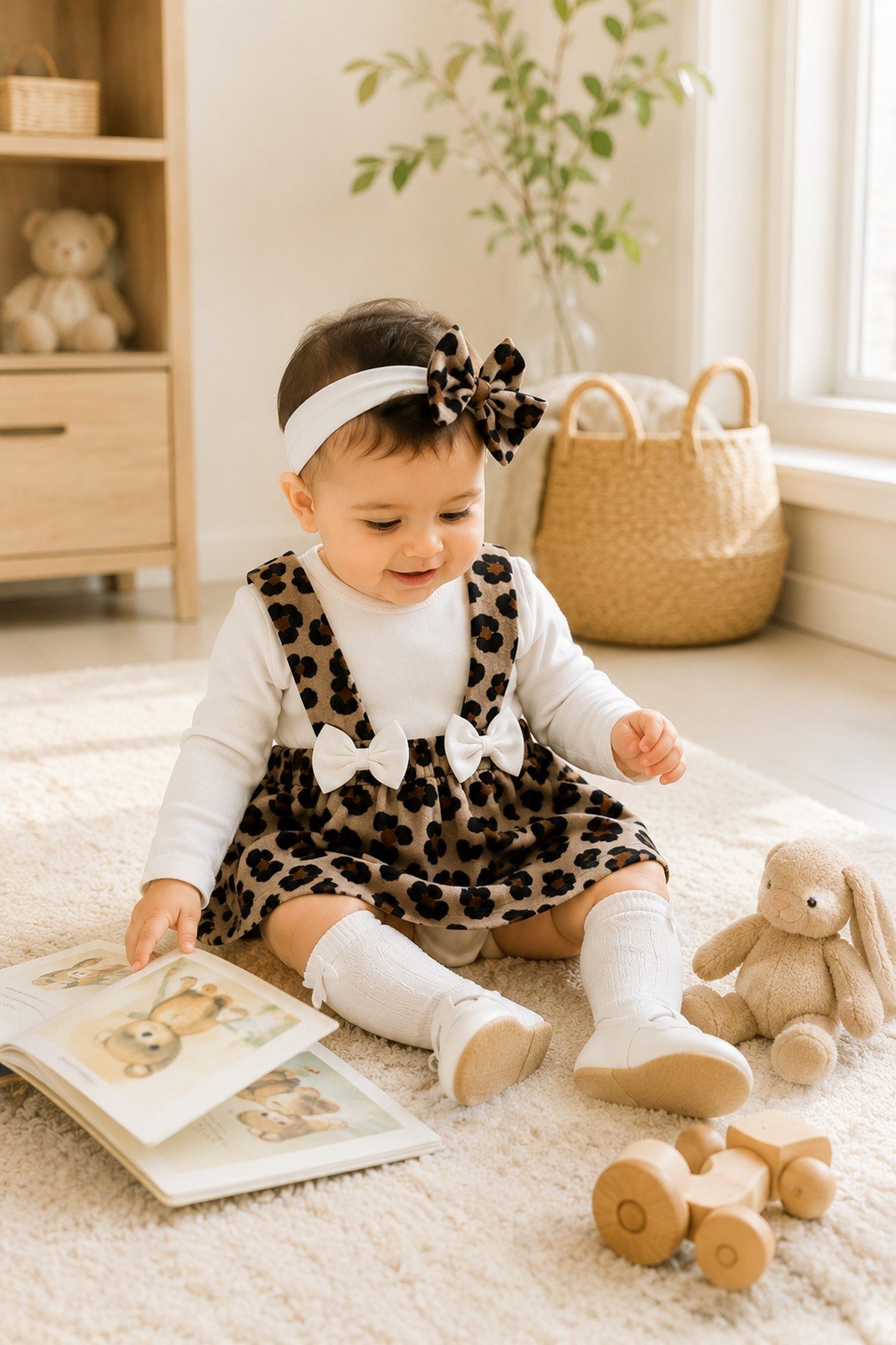 Kız Bebek Leopar Desenli Bandanalı Alttan Çıtçıtlı Badili Askılı Elbise 3lü Takımı 0-3-6-9-12 Ay