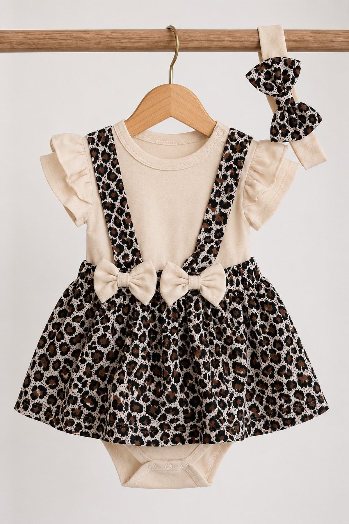 Kız Bebek Leopar Desenli Bandanalı Badili Elbise Takımı Fırfır Kollu Pamuklu Yazlık Set 0-12 Aylık