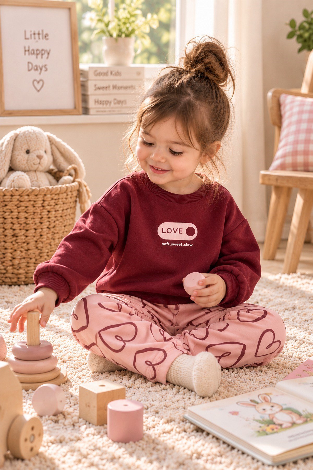 Kız Bebek Love Baskılı Kalp Desenli Geniş Paça 2'li Alt Üst Sweatshirt Eşofman Takımı 9-12-18-24 Aylık