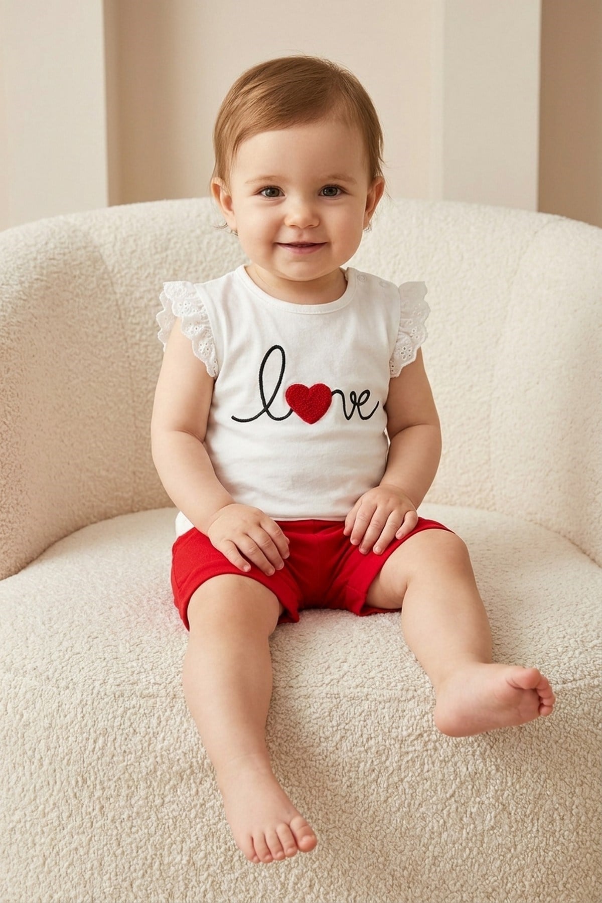 Kız Bebek Love Nakışlı 2'li Yazlık Takım Fırfır Kollu Pamuklu Tişört Şortlu Alt Üst Takım 3-6-9-12 Ay