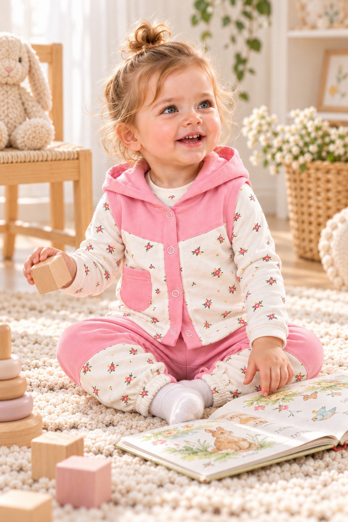 Kız Bebek Minik Çiçek Desenli Kapüşonlu Yelek Uzun Kollu Tişört Alt Eşofman 3'lü Takım 3-6ay