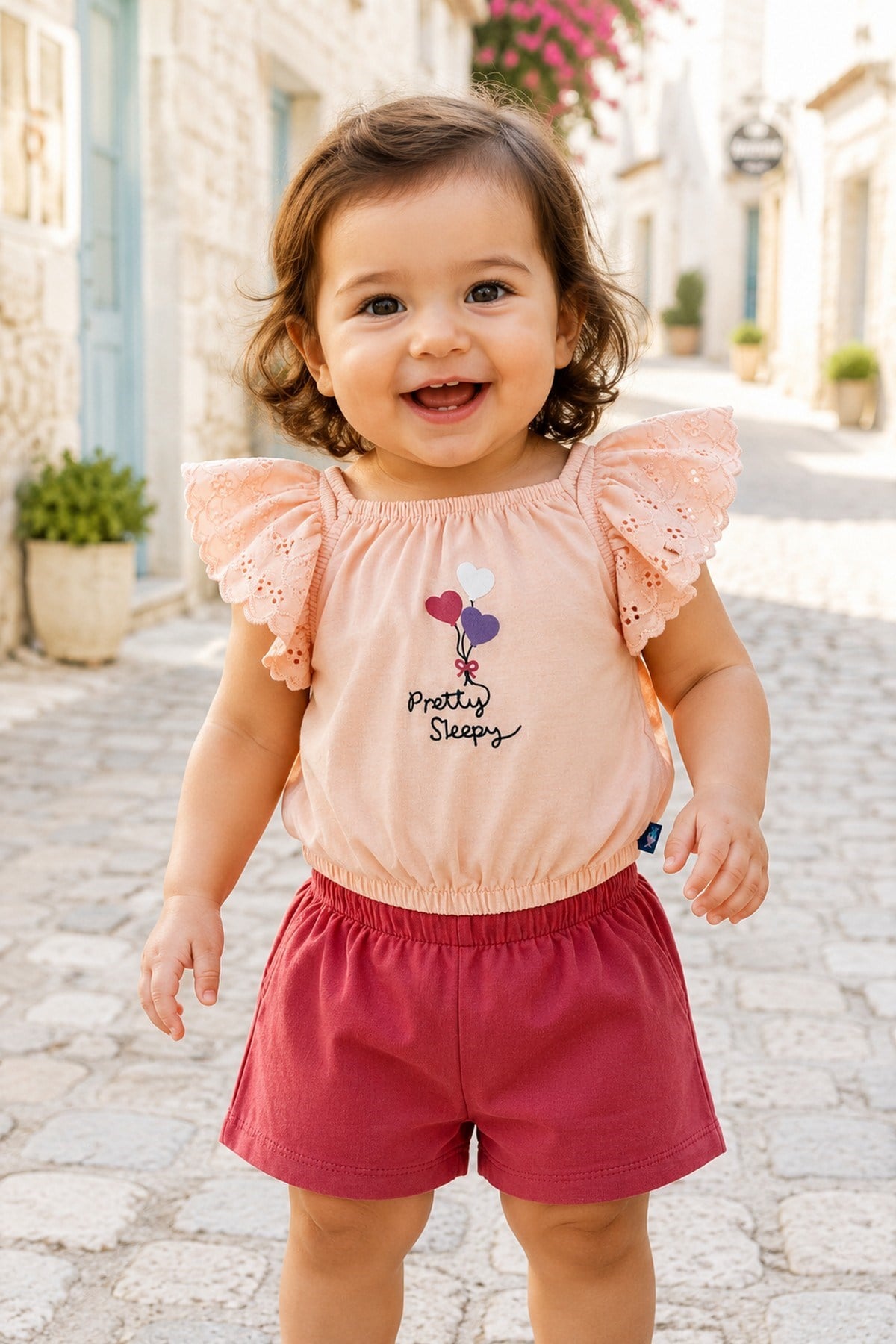 Kız Bebek Nakışlı Fisto Kollu Şortlu Takım Yazlık Pamuklu Alt Üst 2'li Takım 6-9-12-18-24 Ay