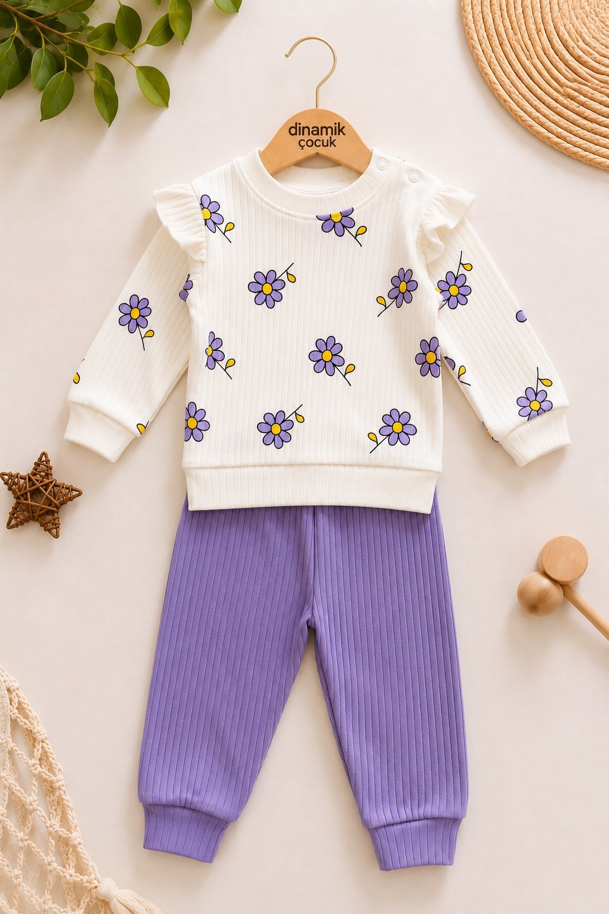 Kız Bebek Papatya Desenli Ribanalı Alt Üst Takım Mevsimlik Pamuklu Günlük 2'li Takım 3-12aylık