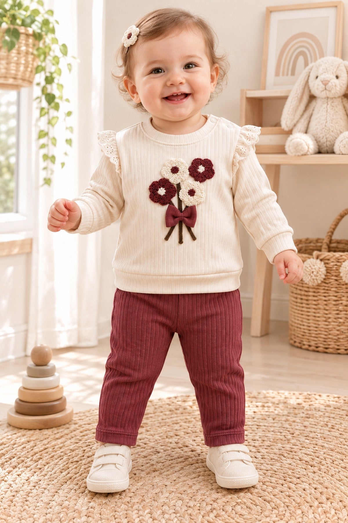 Kız Bebek Papatyalı Fiyonklu 2li Alt Üst Takım Süzene Nakışlı Fitilli 2iplik Mevsimlik 3-6-9-12AY