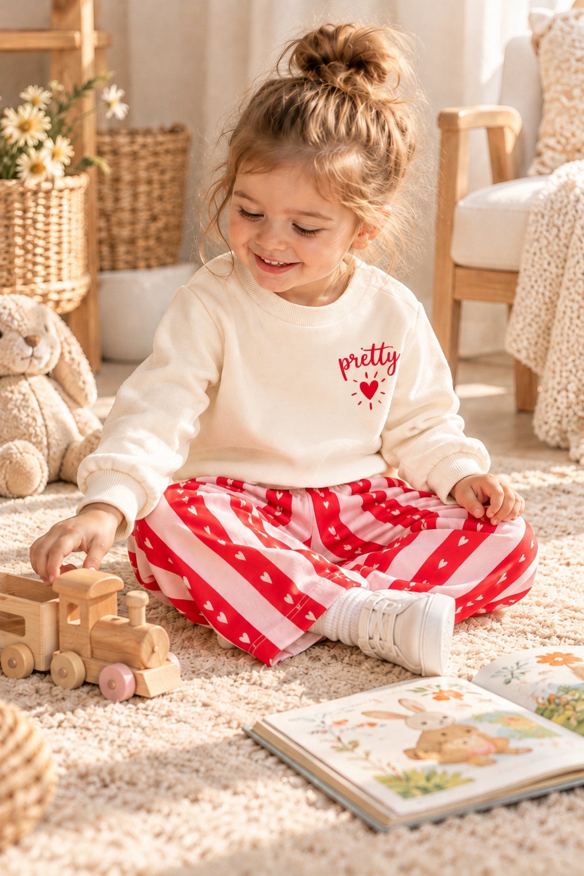 Kız Bebek Pretty Kalp Baskılı Sweatshirt ve Çizgili Kalp Desenli Bol Paça Alt Eşofman 2'li Takım 9-24ay