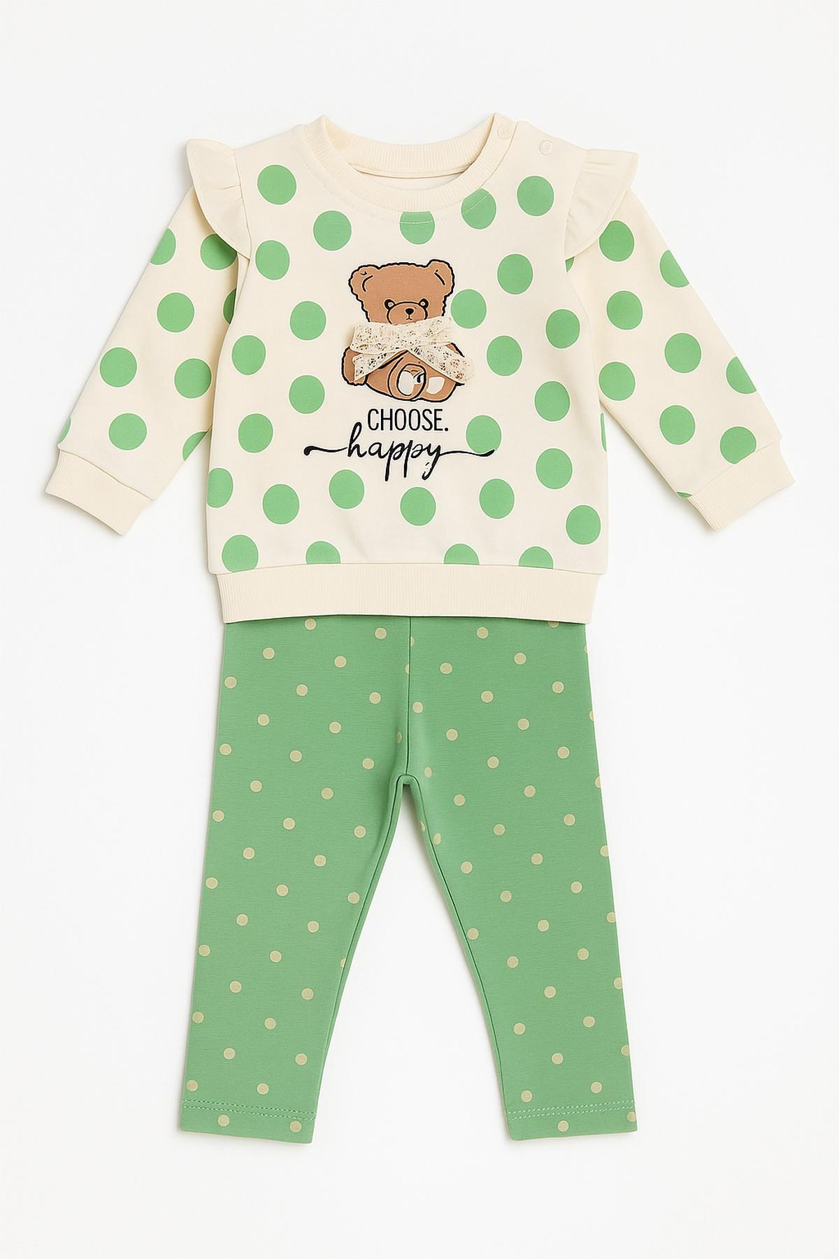 Kız Bebek Puantiyeli Sevimli Ayıcık Desenli 2li Mevsimlik Takım 2iplik 3-6-9-12ay