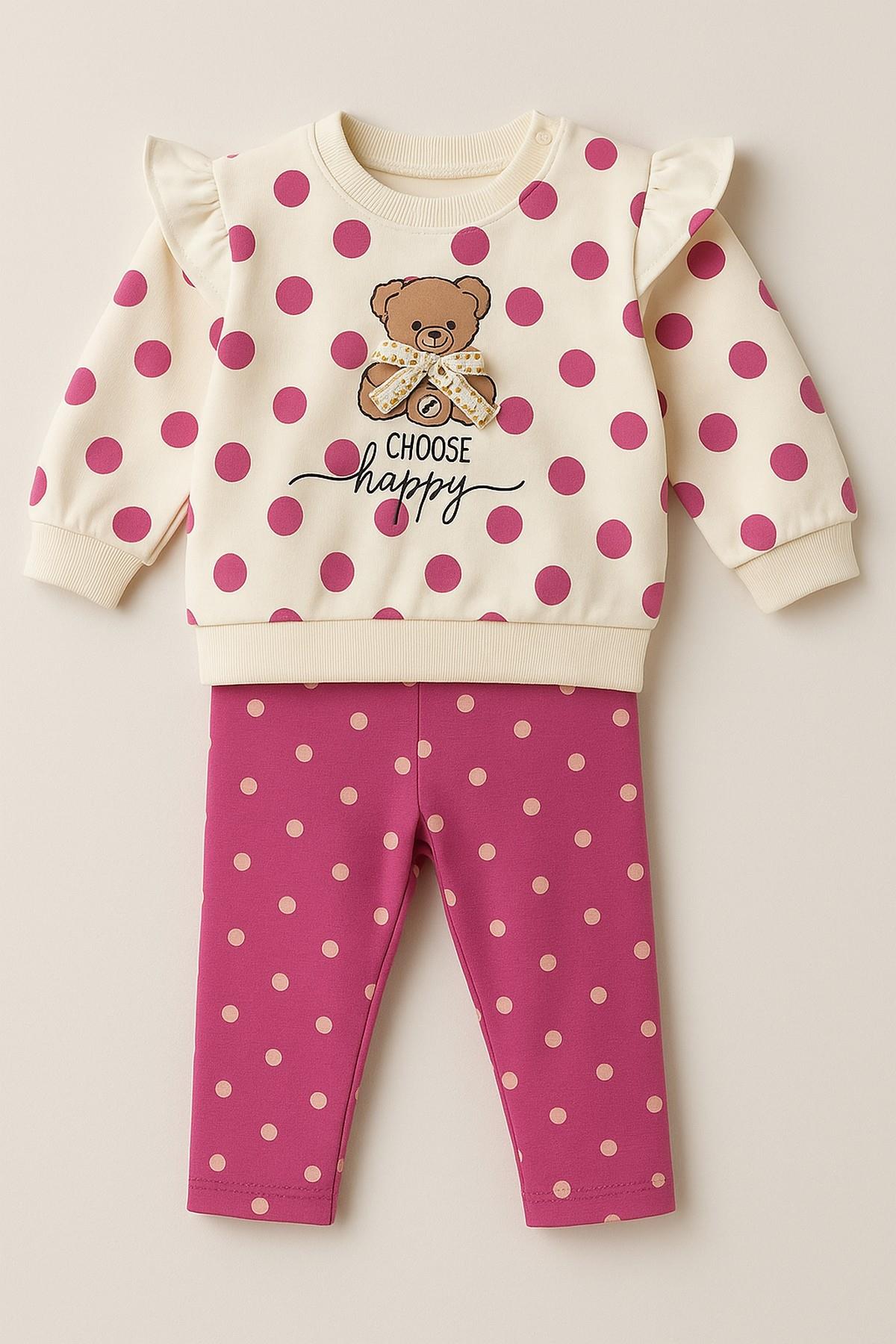 Kız Bebek Puantiyeli Sevimli Ayıcık Desenli 2li Mevsimlik Takım 2iplik 3-6-9-12ay