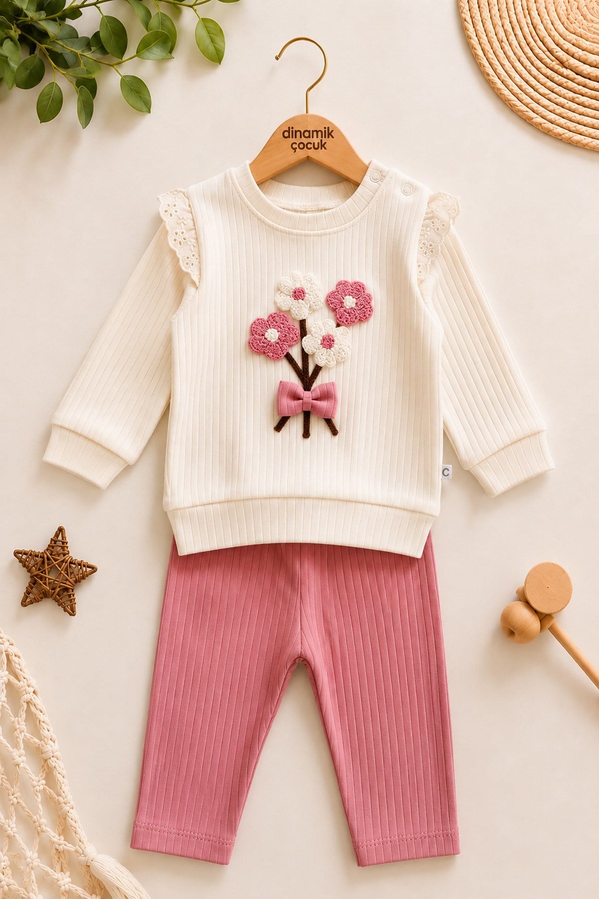 Kız Bebek Süzene Papatyalı Fiyonklu 2li Alt Üst Takım - Fitilli 2iplik Mevsimlik 3-6-9-12AY