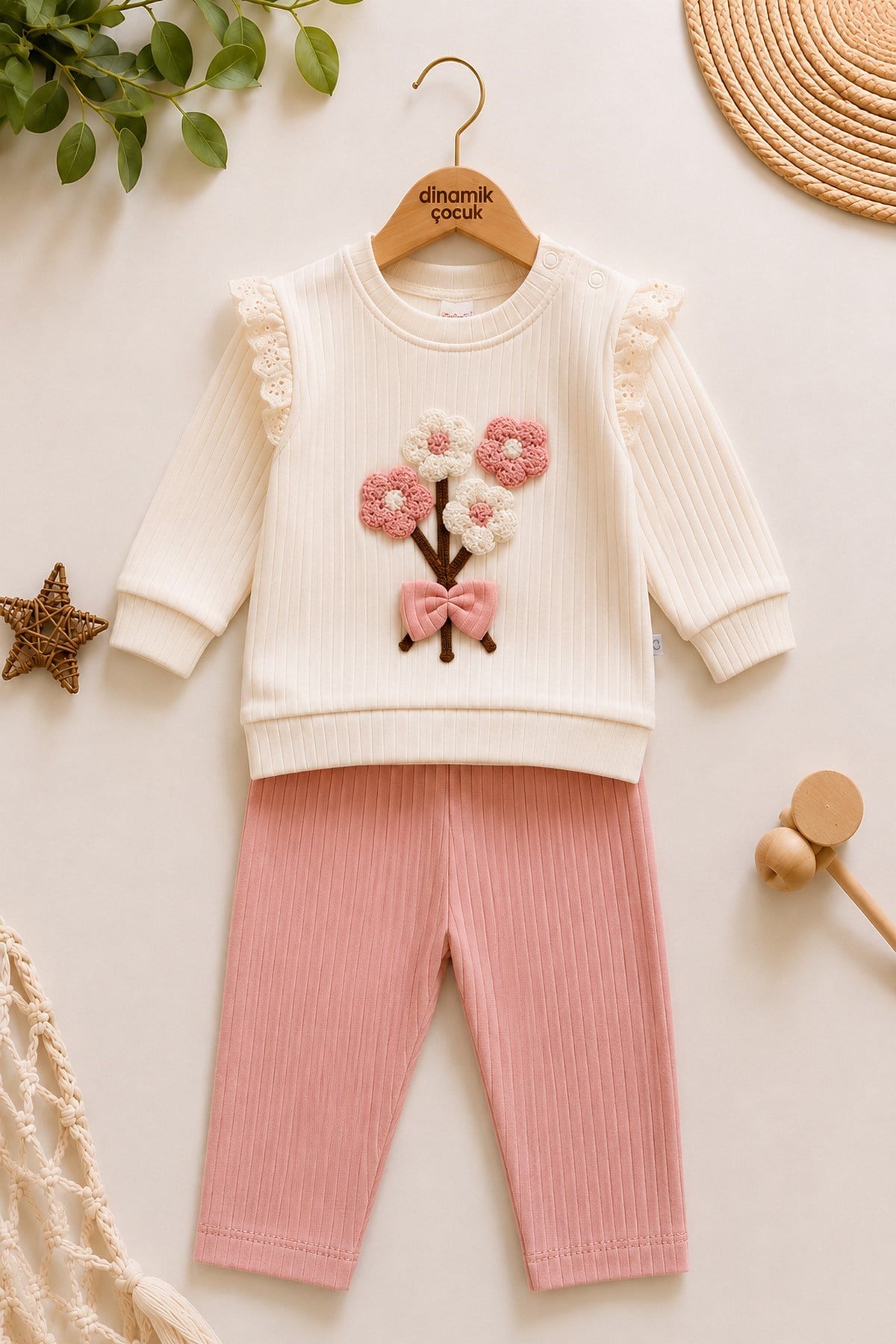 Kız Bebek Süzene Papatyalı Fiyonklu 2li Alt Üst Takım - Fitilli 2iplik Mevsimlik 3-6-9-12AY