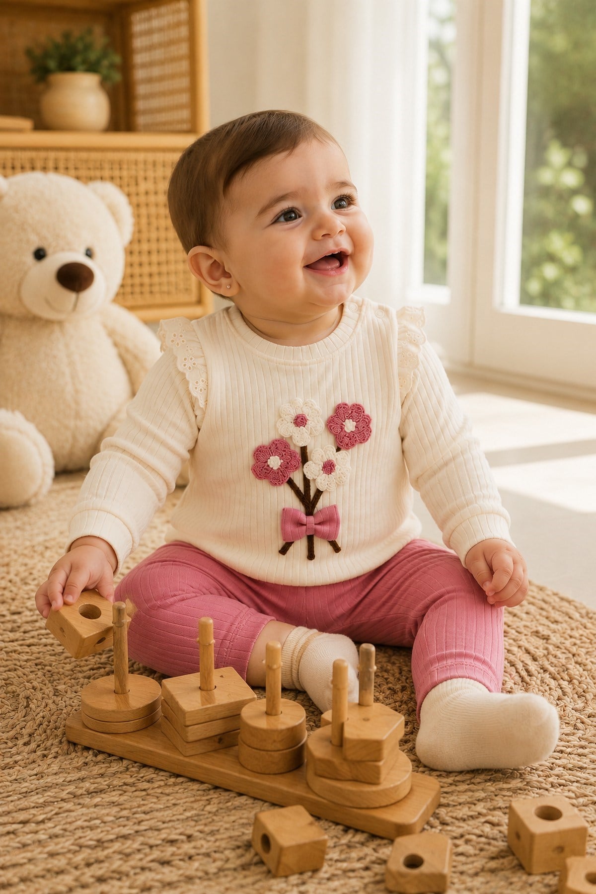 Kız Bebek Süzene Papatyalı Fiyonklu 2li Alt Üst Takım - Fitilli 2iplik Mevsimlik 3-6-9-12AY