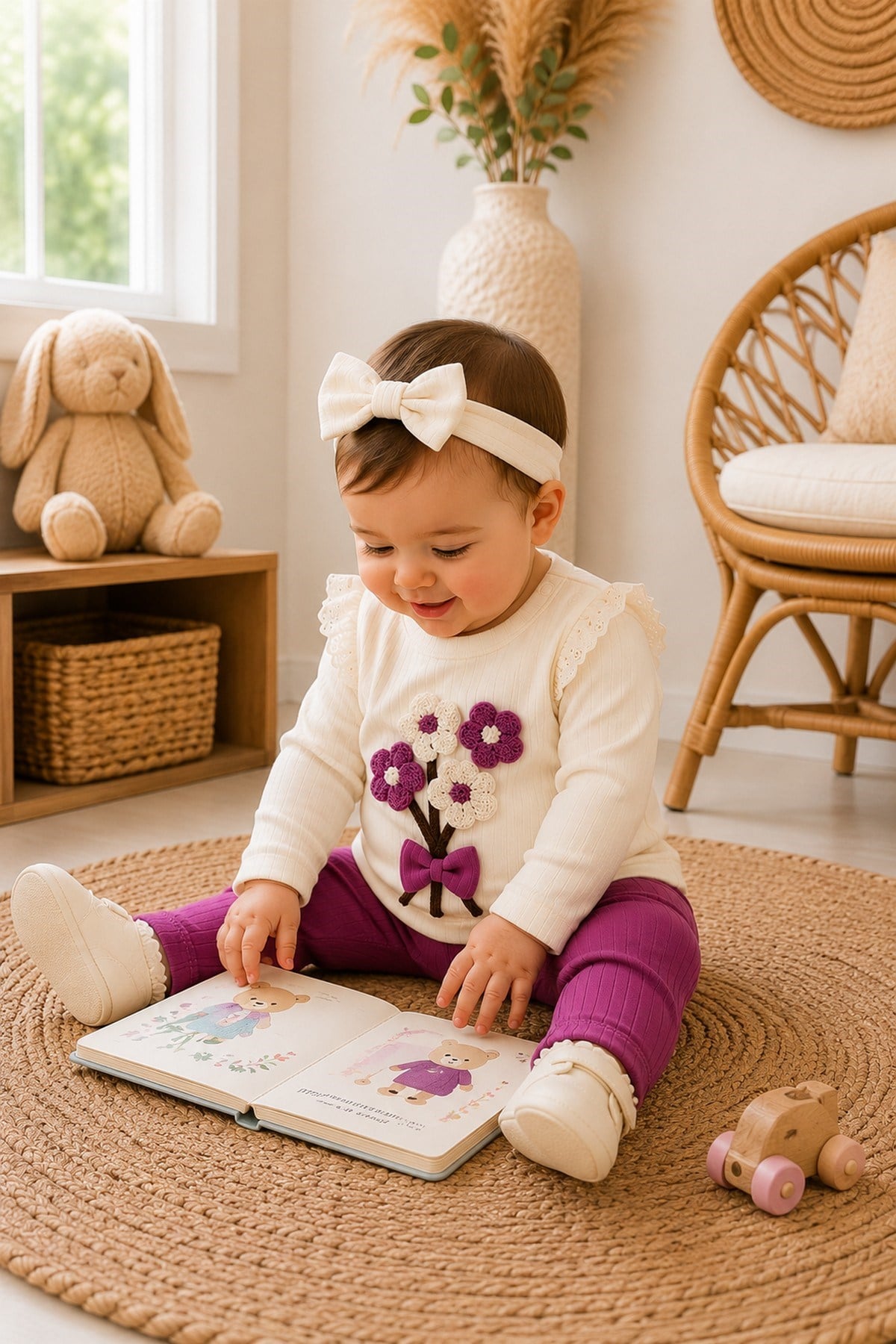 Kız Bebek Süzene Papatyalı Fiyonklu 2li Alt Üst Takım - Fitilli 2iplik Mevsimlik 3-6-9-12AY
