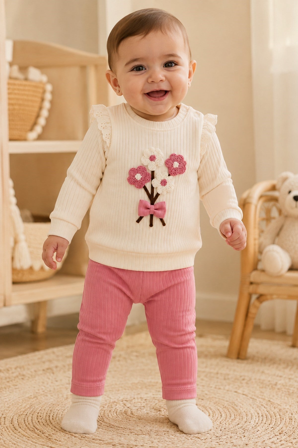Kız Bebek Süzene Papatyalı Fiyonklu 2li Alt Üst Takım - Fitilli 2iplik Mevsimlik 3-6-9-12AY