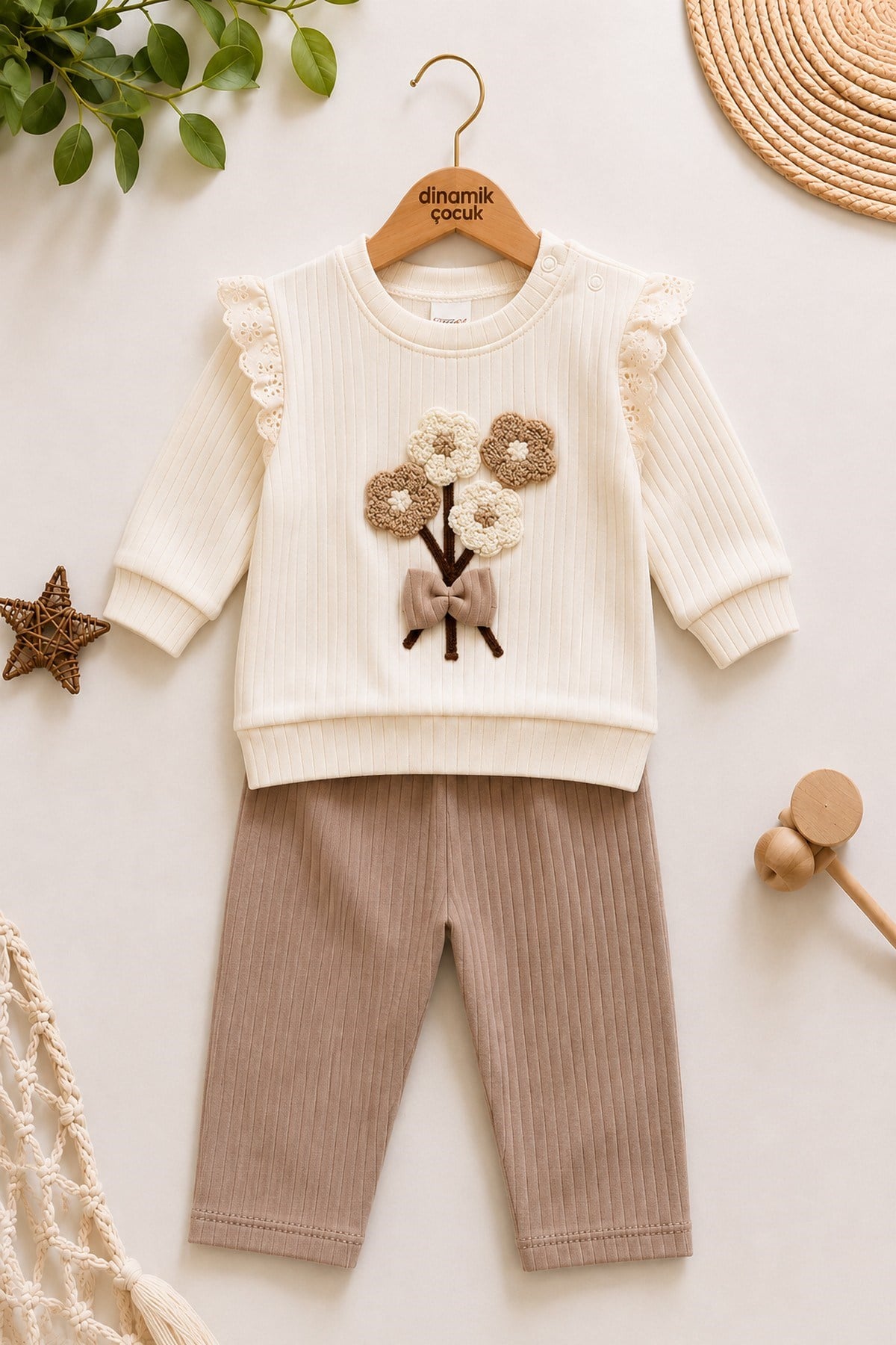 Kız Bebek Süzene Papatyalı Fiyonklu 2li Alt Üst Takım - Fitilli 2iplik Mevsimlik 3-6-9-12AY