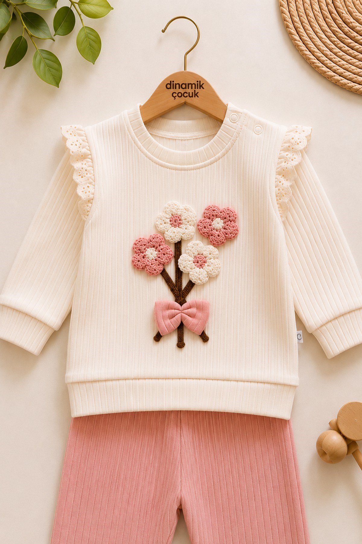 Kız Bebek Süzene Papatyalı Fiyonklu 2li Alt Üst Takım - Fitilli 2iplik Mevsimlik 3-6-9-12AY