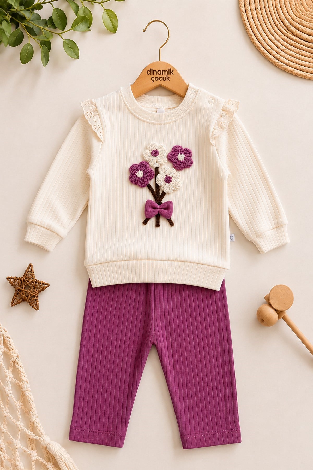 Kız Bebek Süzene Papatyalı Fiyonklu 2li Alt Üst Takım - Fitilli 2iplik Mevsimlik 3-6-9-12AY