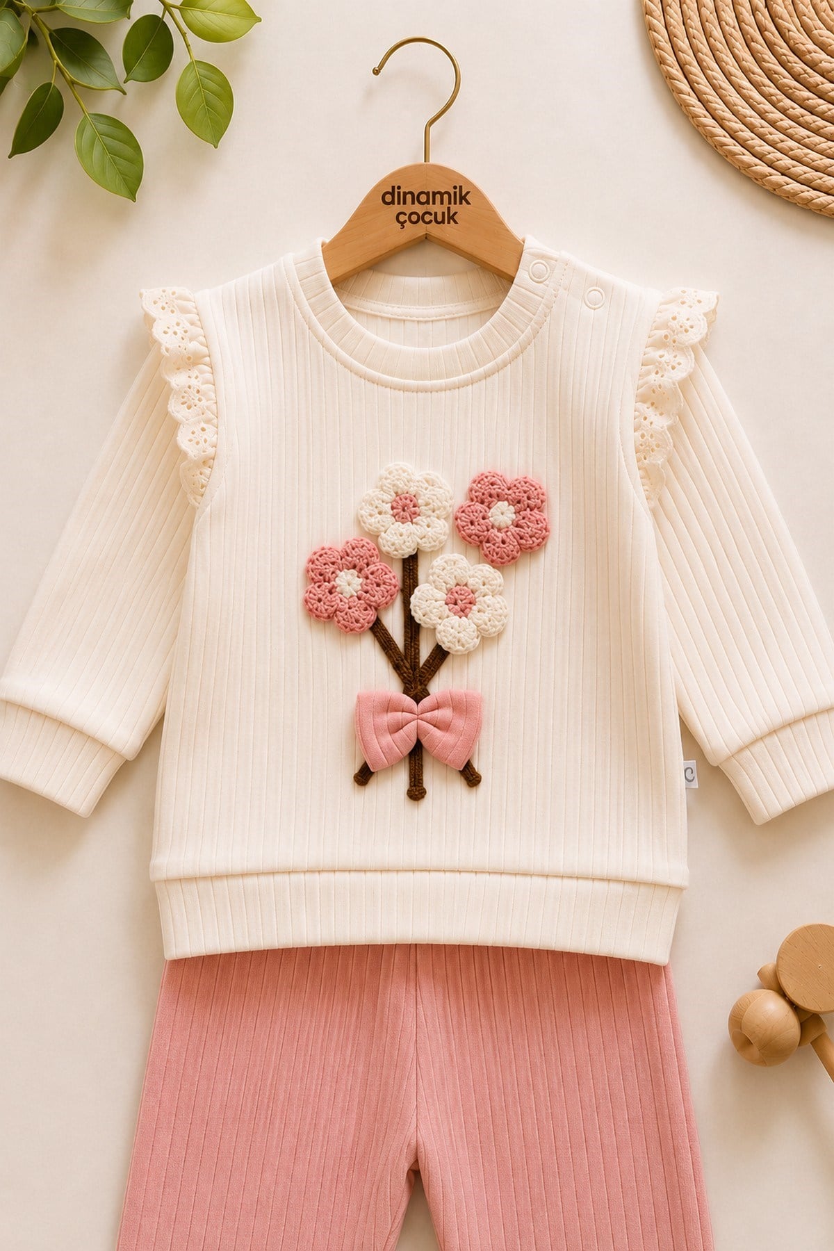 Kız Bebek Süzene Papatyalı Fiyonklu 2li Alt Üst Takım - Fitilli 2iplik Mevsimlik 3-6-9-12AY