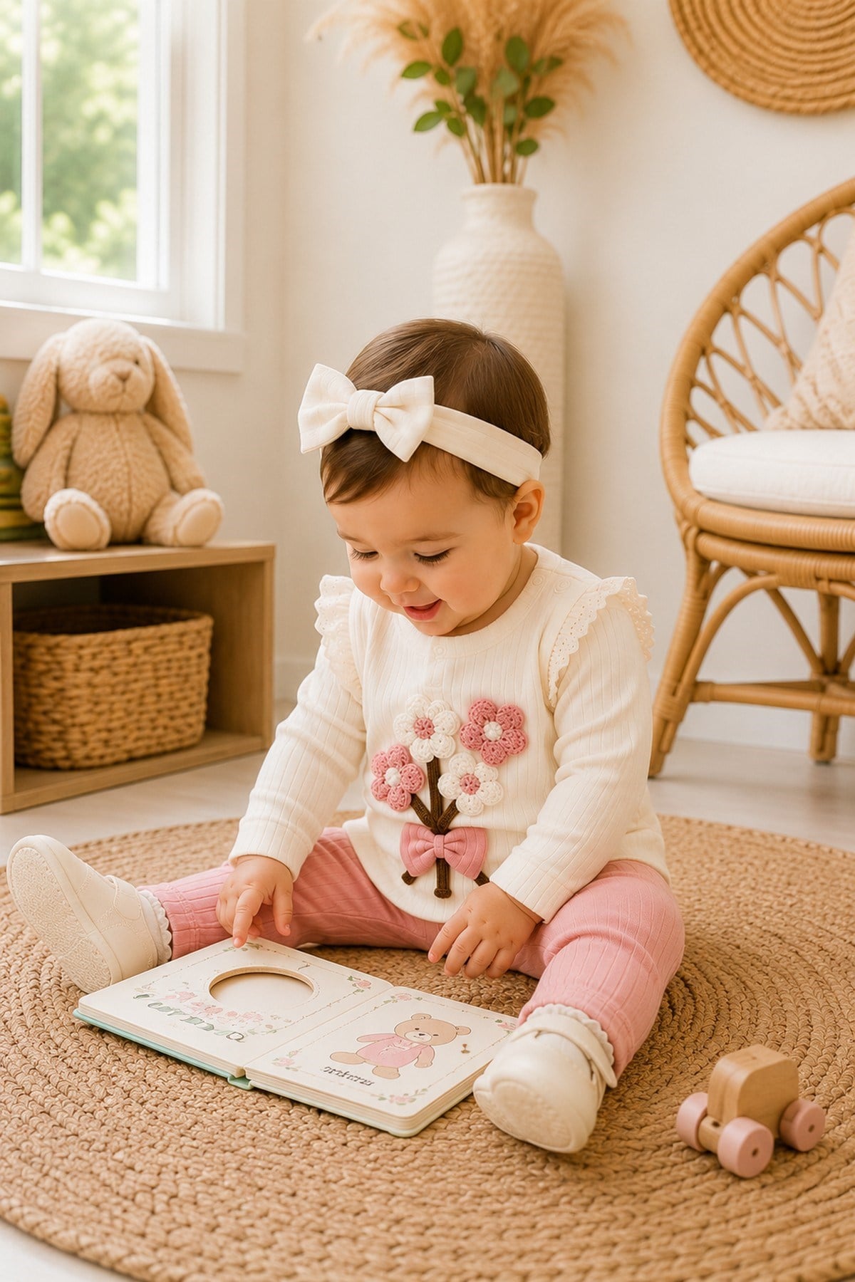 Kız Bebek Süzene Papatyalı Fiyonklu 2li Alt Üst Takım - Fitilli 2iplik Mevsimlik 3-6-9-12AY