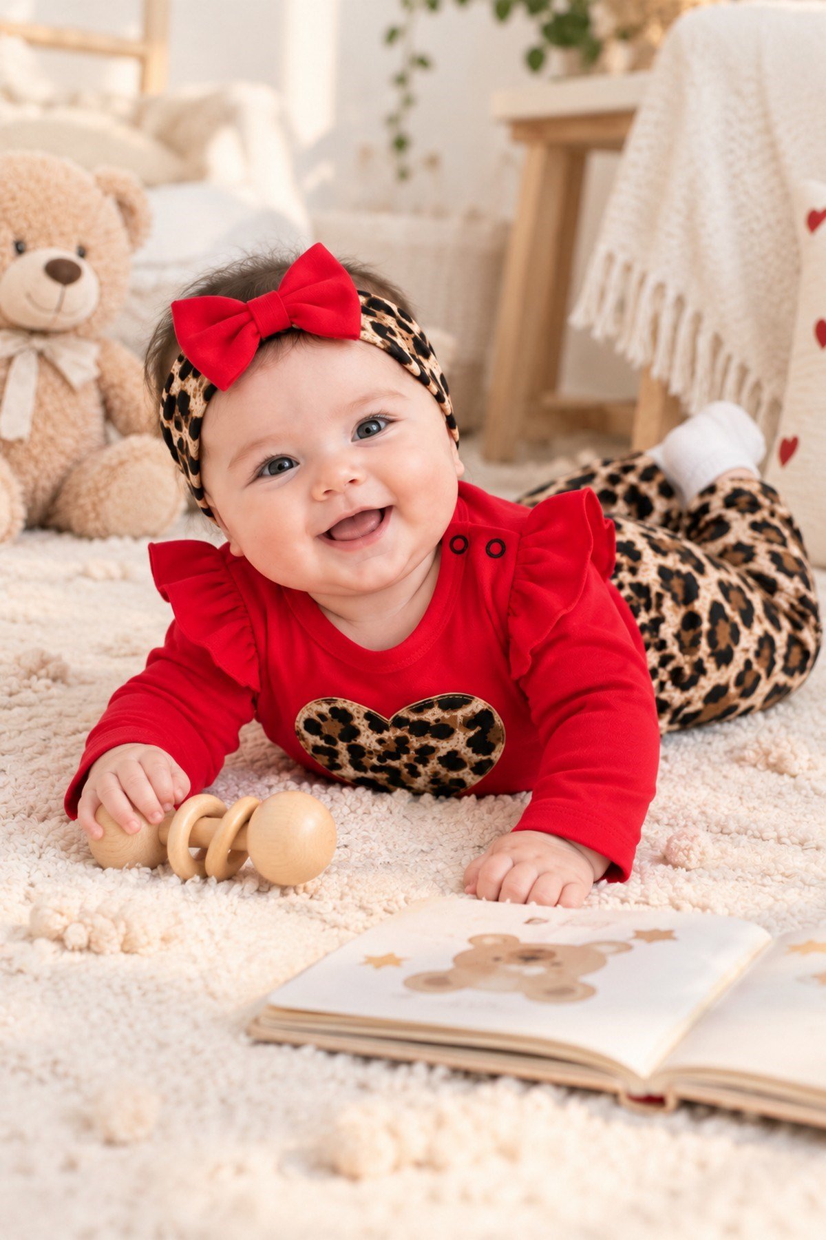 Kız Bebek Takımı Leopar Desenli 3'lü Kız Bebek Takımı Body-Alt ve Bandana Seti 0-12aylık