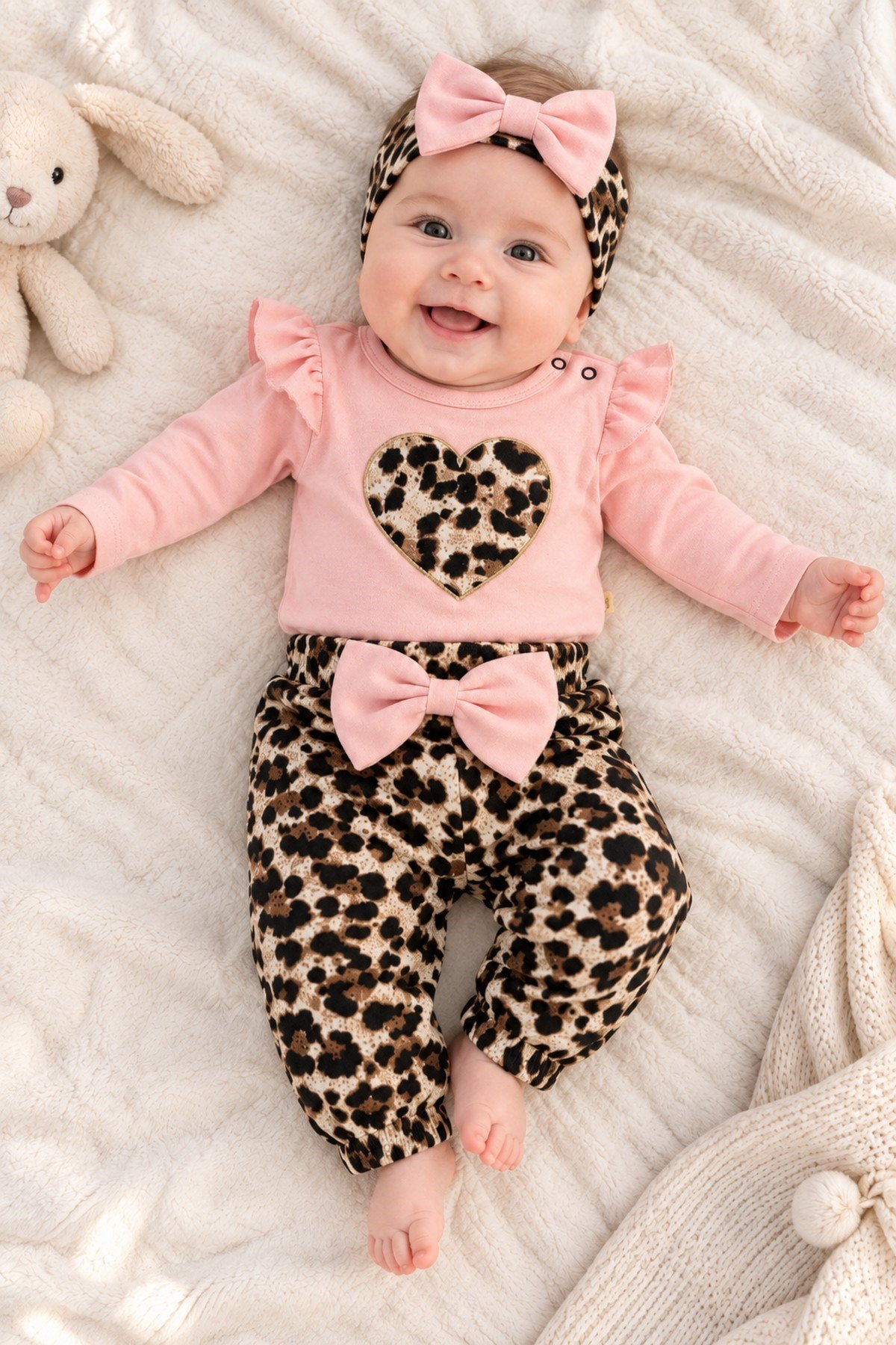 Kız Bebek Takımı Leopar Desenli 3'lü Kız Bebek Takımı Body-Alt ve Bandana Seti 0-12aylık