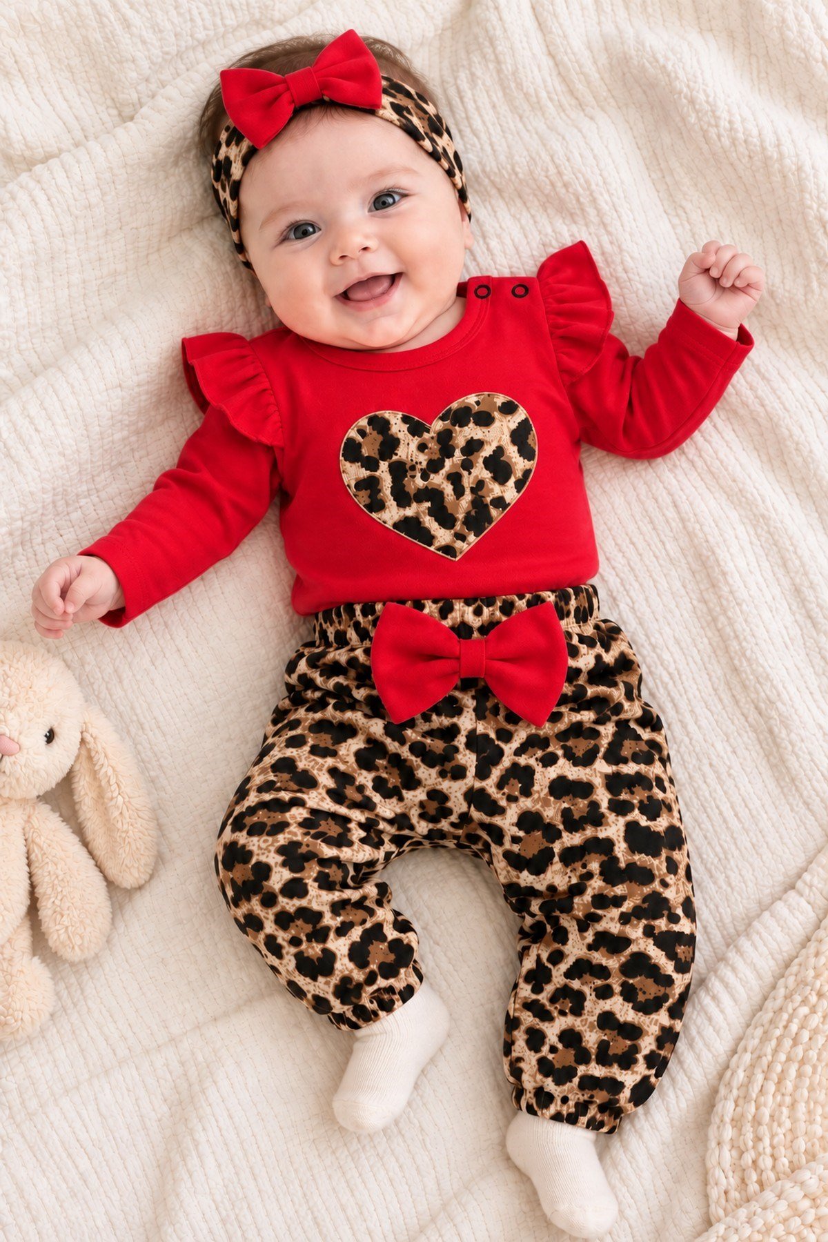Kız Bebek Takımı Leopar Desenli 3'lü Kız Bebek Takımı Body-Alt ve Bandana Seti 0-12aylık